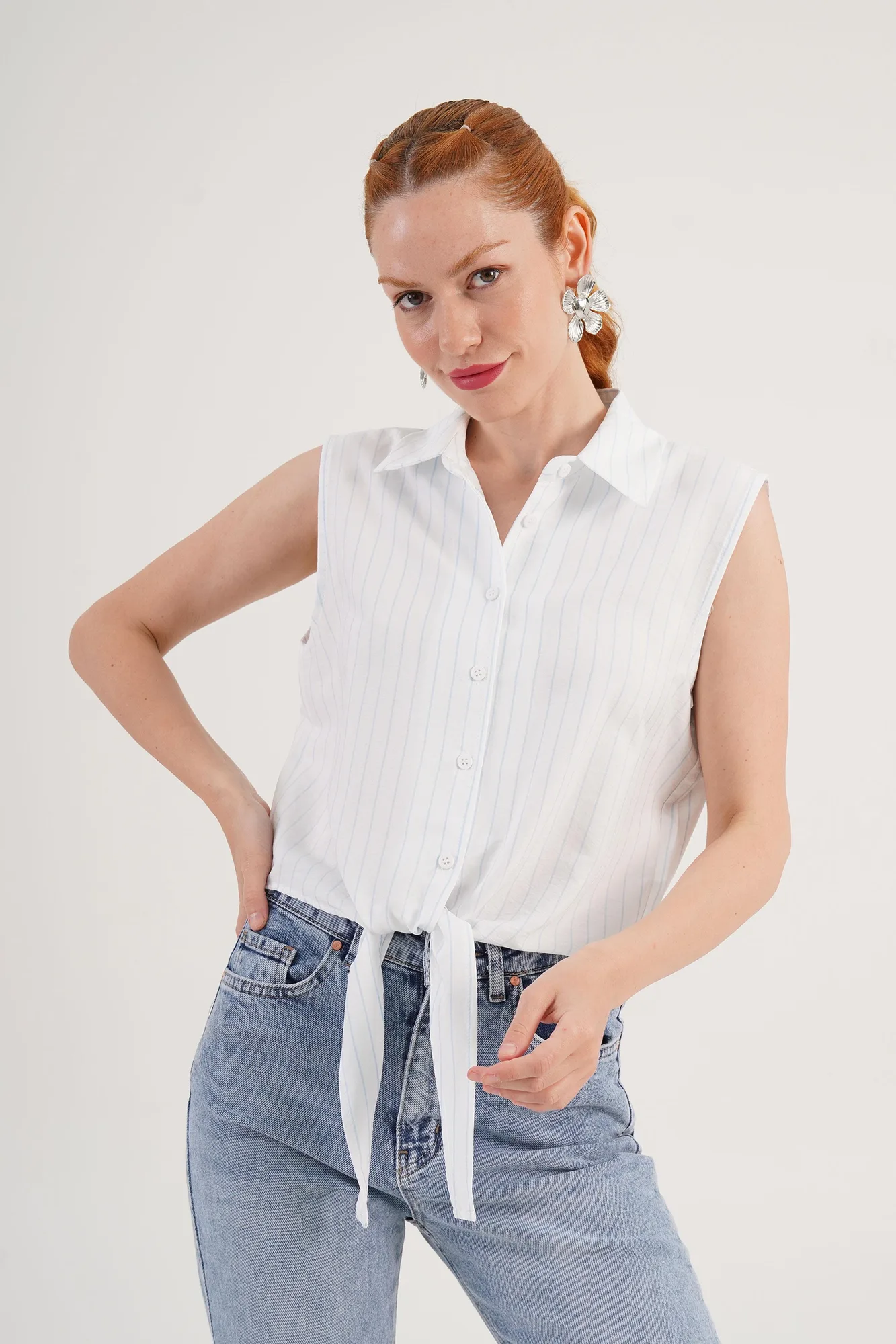 Kolsuz Model Mavi Çizgili Toptan Gömlek - Mavi – Mavi, S
