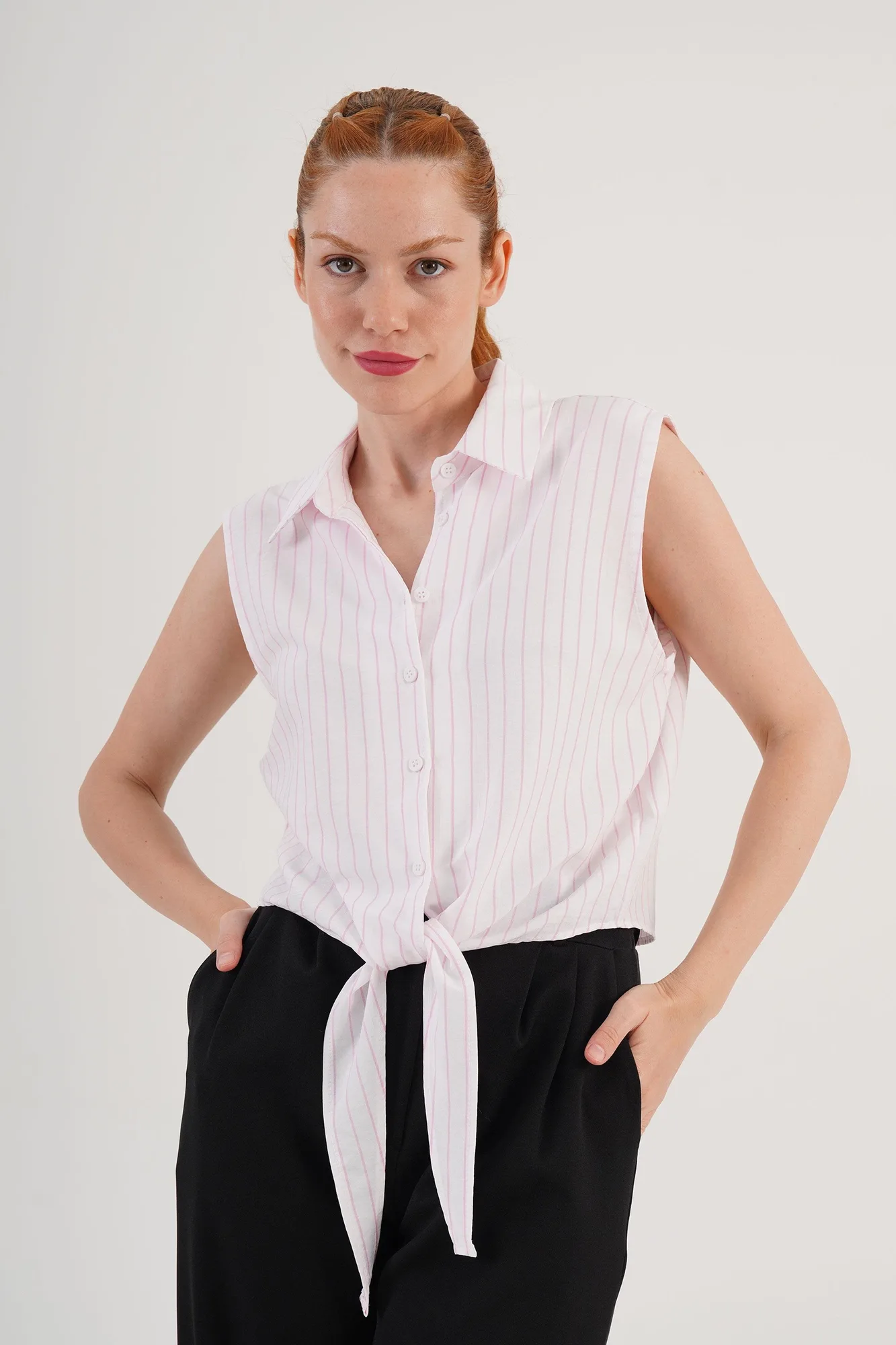 Kolsuz Model Pembe Çizgili Toptan Gömlek - Pembe – Pembe, S