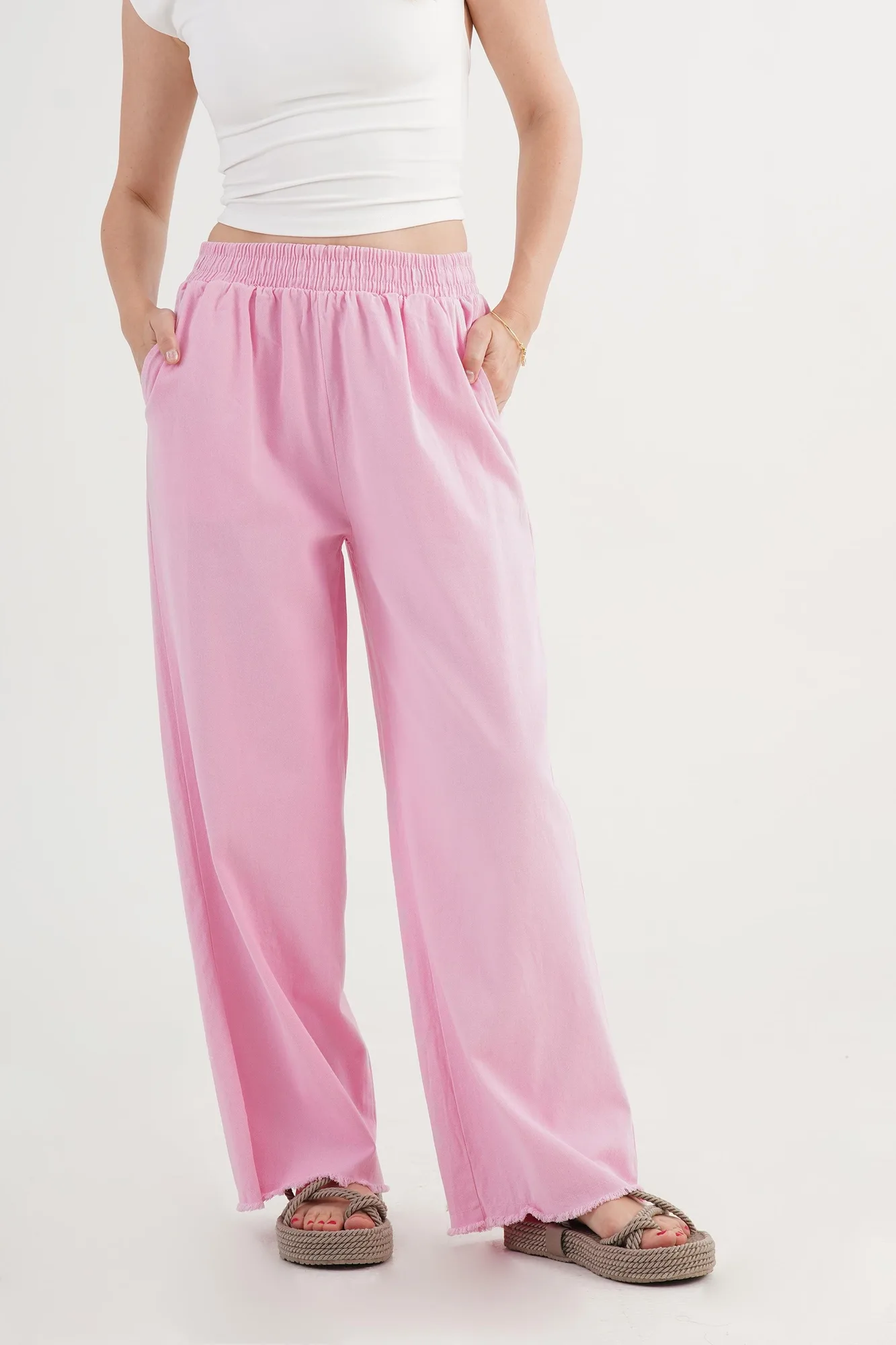 Bel Lastikli Paça Detaylı Cepli Toptan Pembe Pantolon - Pembe – Pembe, S