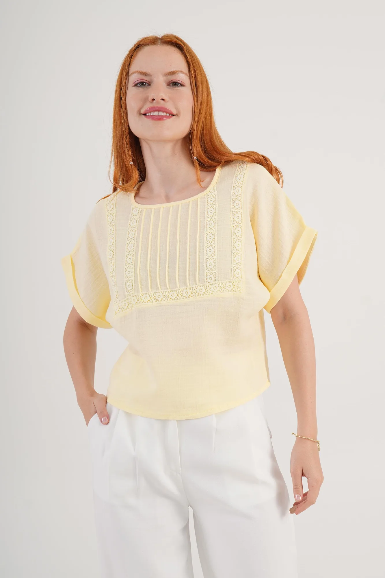 Ön Dantel Detaylı Toptan Sarı Bluz - Sarı – Sarı, S