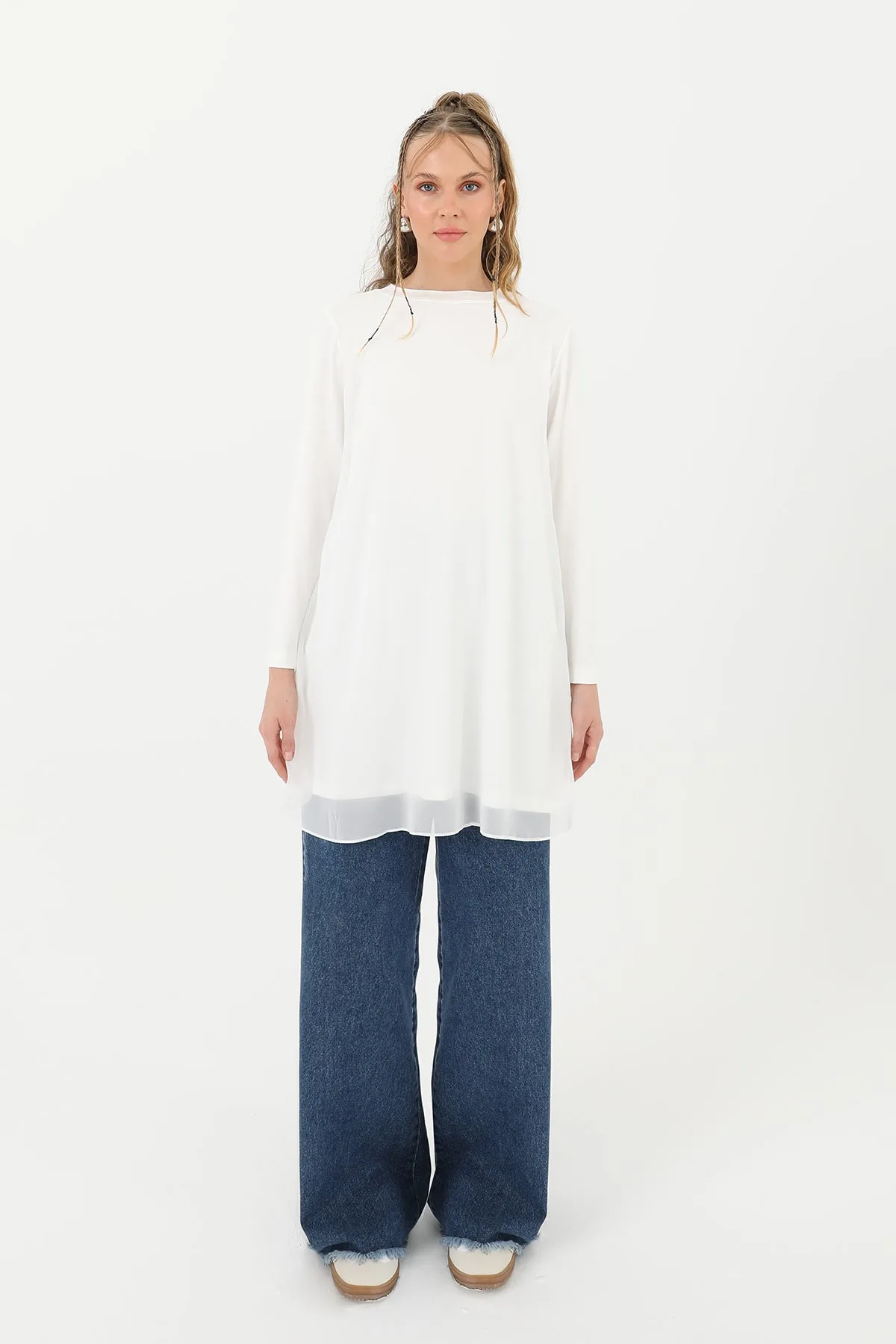 Kadın Balıkçı Yaka Tül Detaylı Bluz - 10269TUN - ECRU – Ekru, LXL-SM