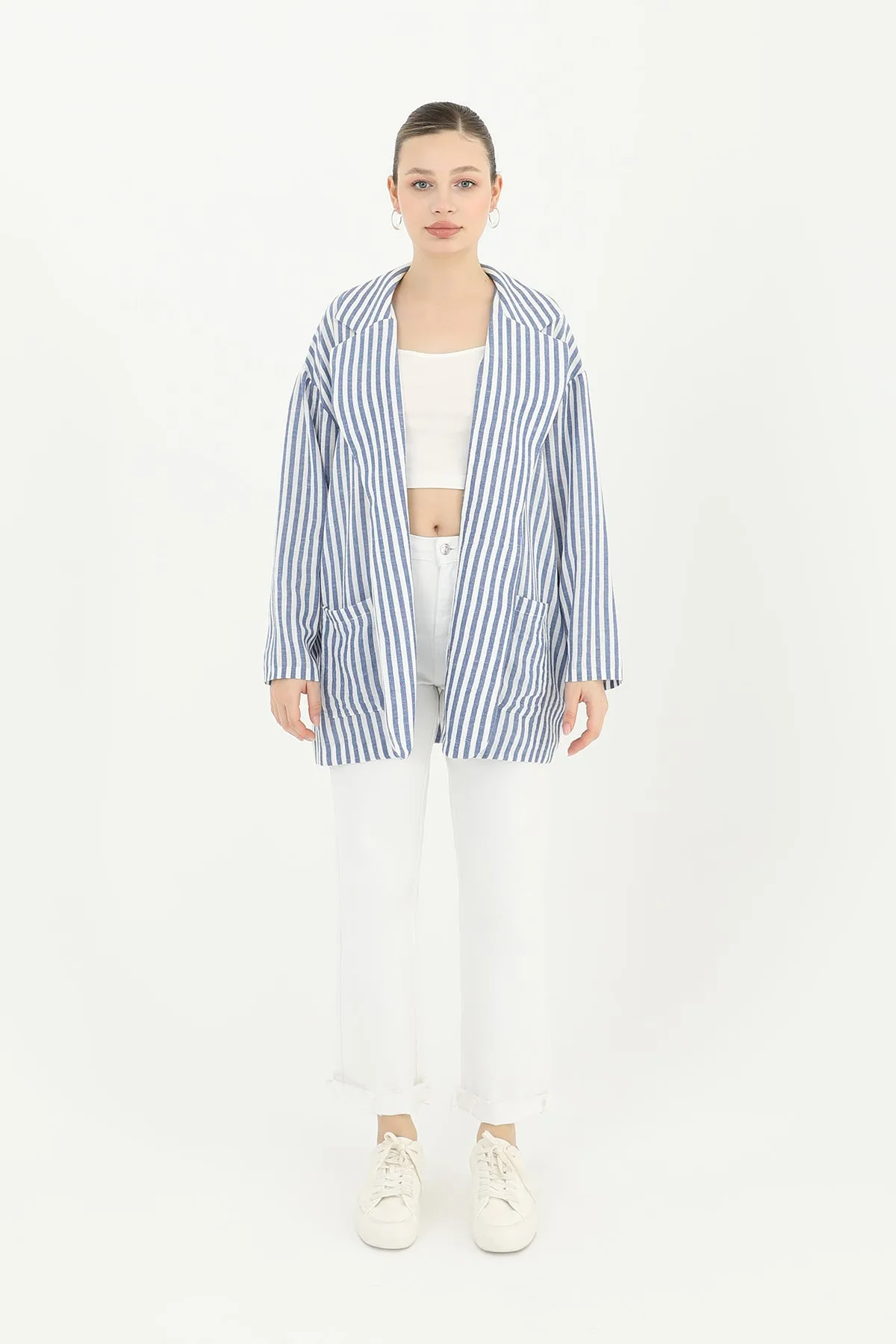 Kadın Çizgili Keten Ceket - 10433CKT - INDIGO – İndigo, LXL-SM