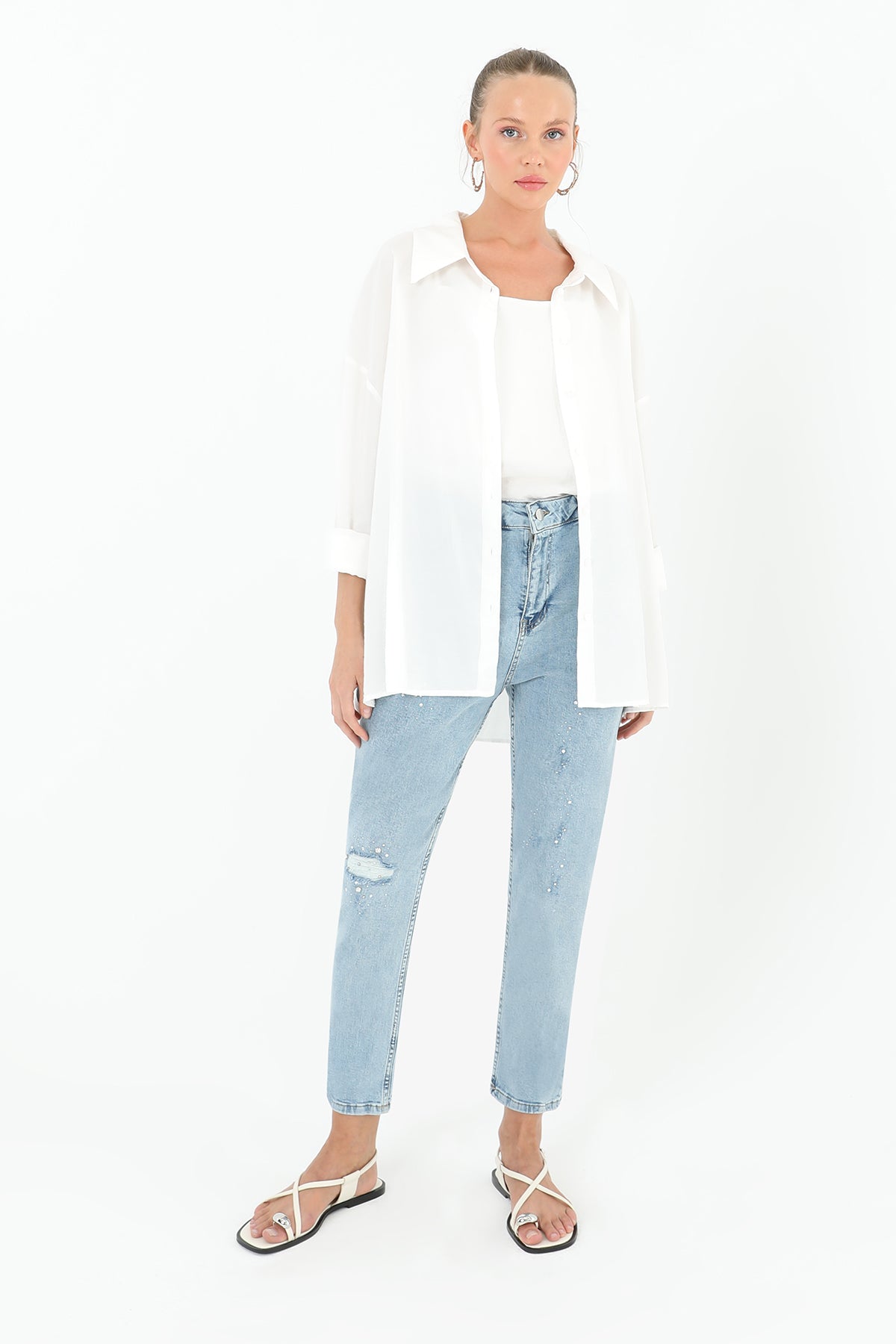 Kadın Yırtık Detaylı Kot Denim Pantolon - 18192PNT - LIGHT BLUE