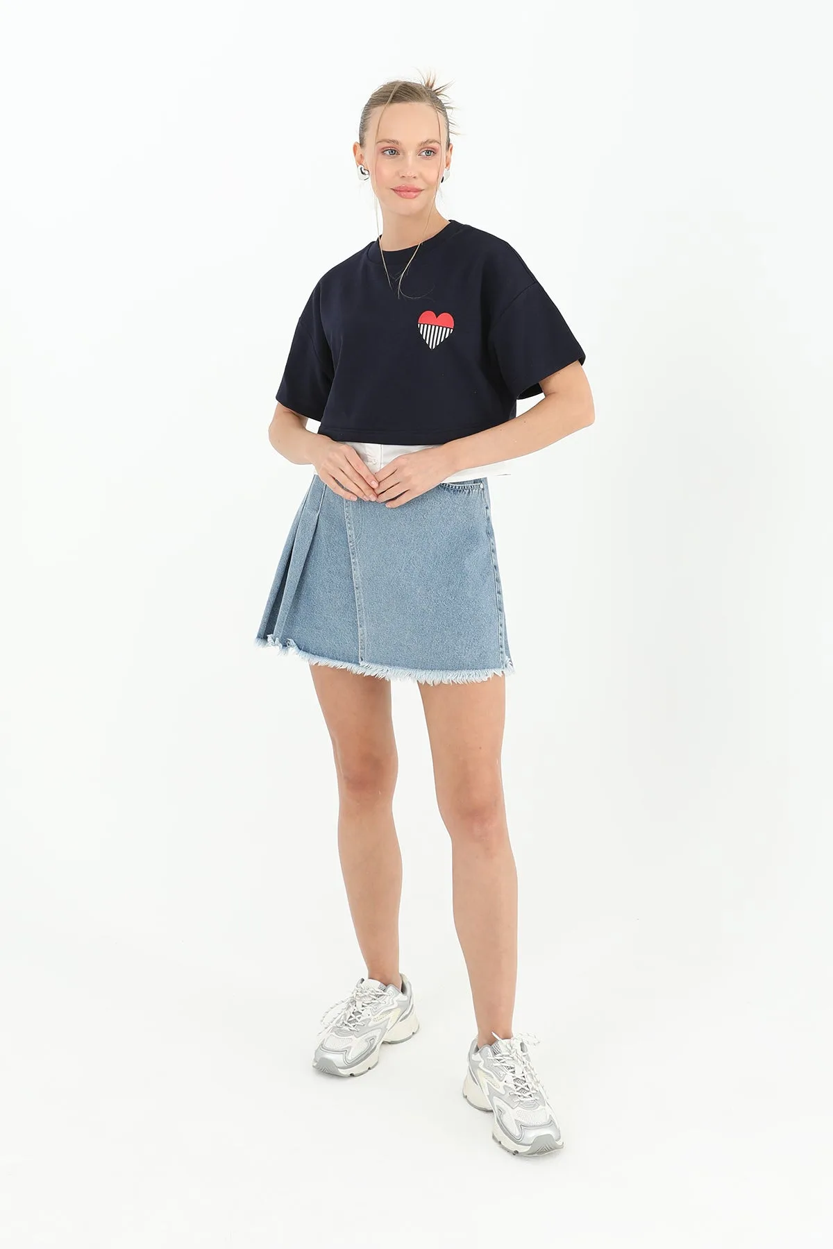 Kadın Poplin Garnili Baskılı T-shirt - 31640TSH - NAVY-ECRU