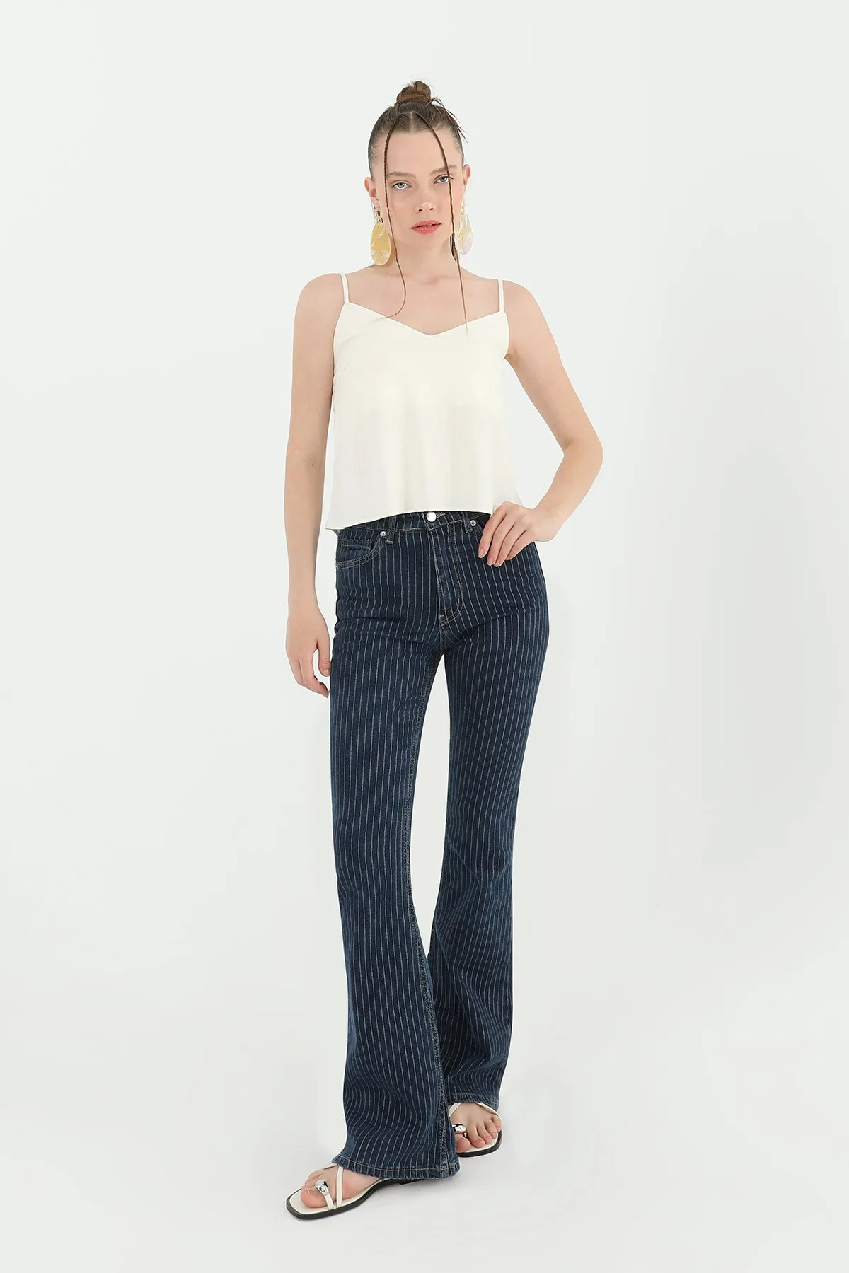 Kadın Çizgili Bol Denim Pantolon - 31879PNT - BLUE