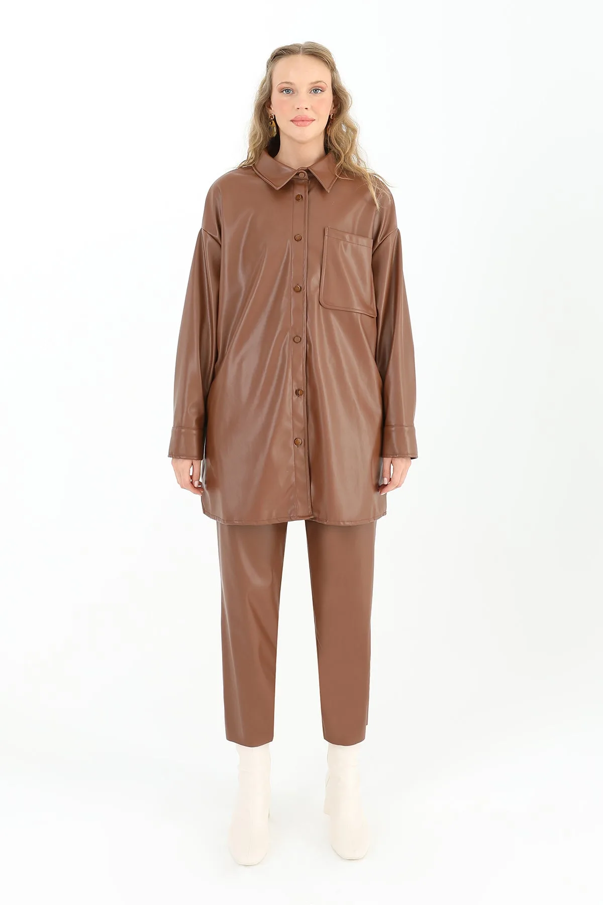 Kadın Cepli Deri Gömlek - 10570GML - BROWN – Kahve, LXL-SM