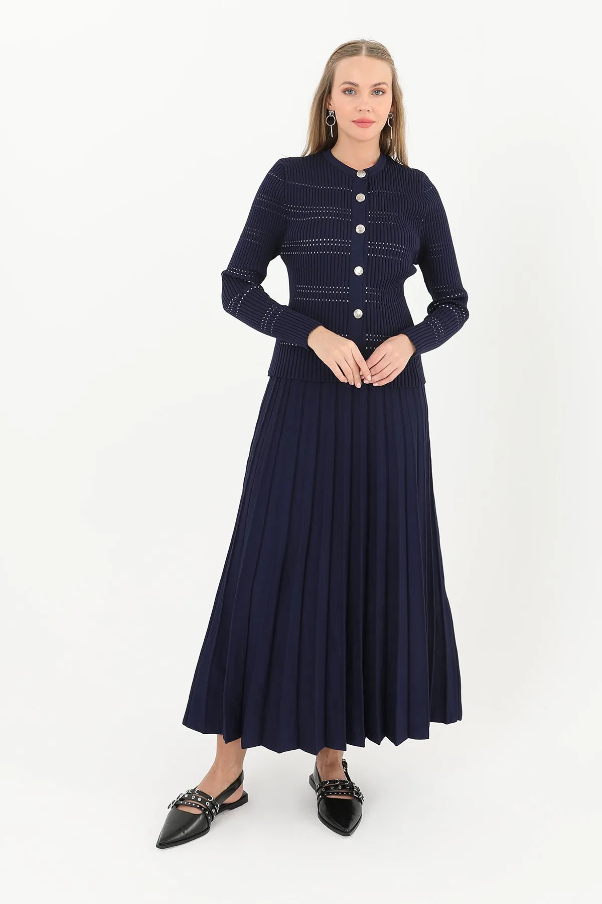 Kadın Triko Etekli Takım - 14263TKS - NAVY – Lacivert, LXL-SM