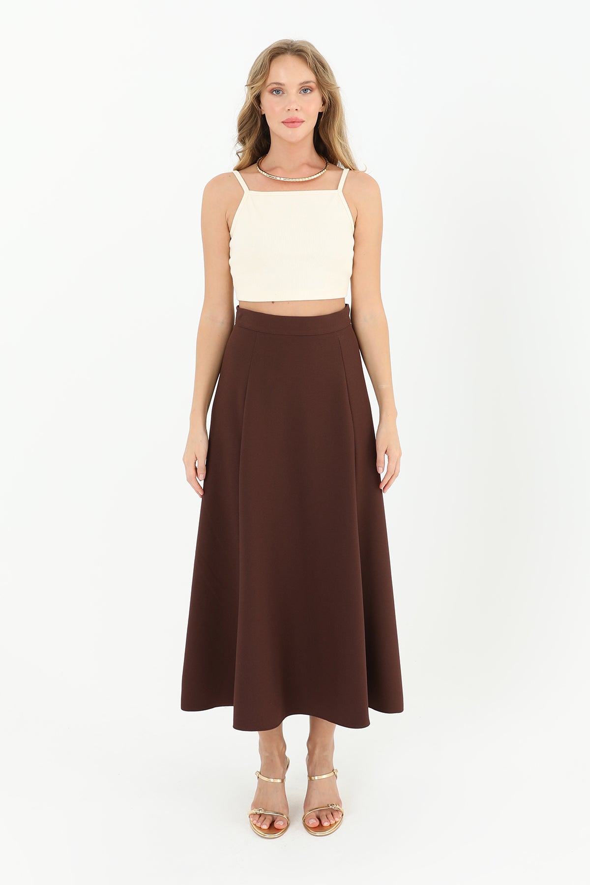 Kadın Fermuarlı Kloş Etek - 18201ETK - BROWN