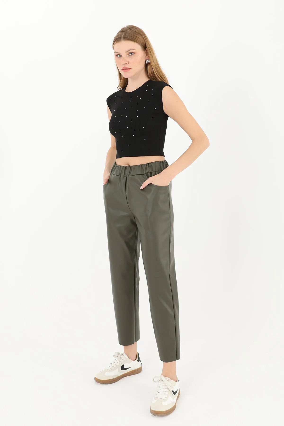 Kadın Beli Lastikli Cep Detaylı Deri Pantolon - 18205PNT - KHAKI