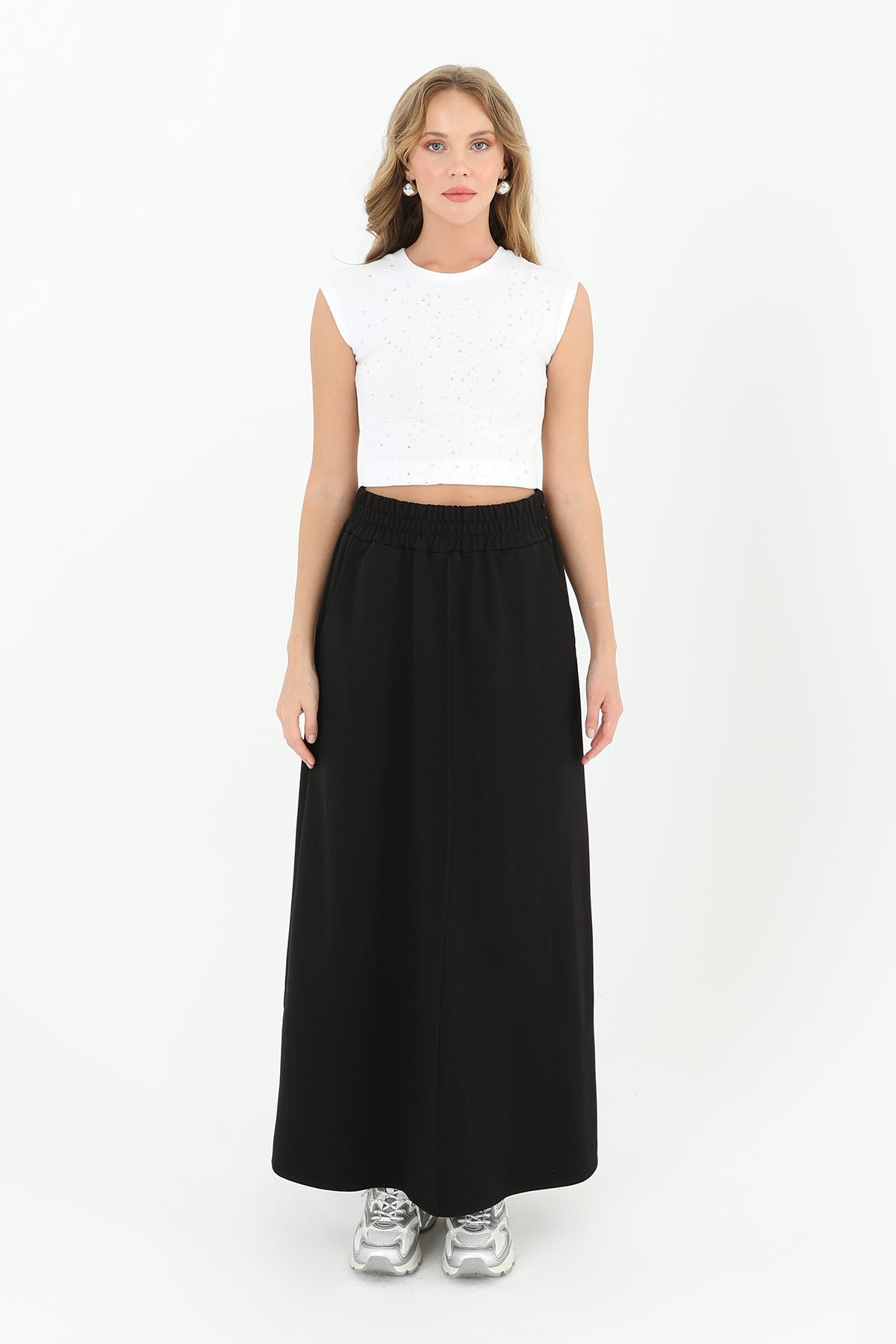 Kadın Beli Lastikli Uzun Etek - 18207ETK - BLACK