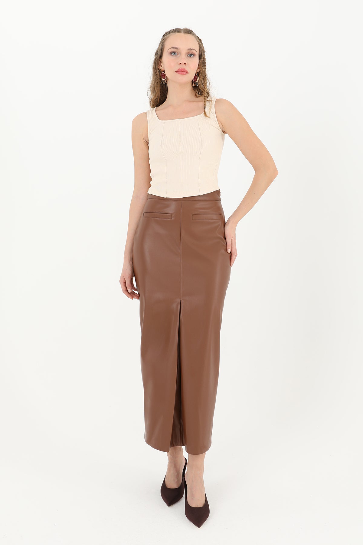 Kadın Önü Yırtmaçlı Deri Etek - 18215ETK - BROWN