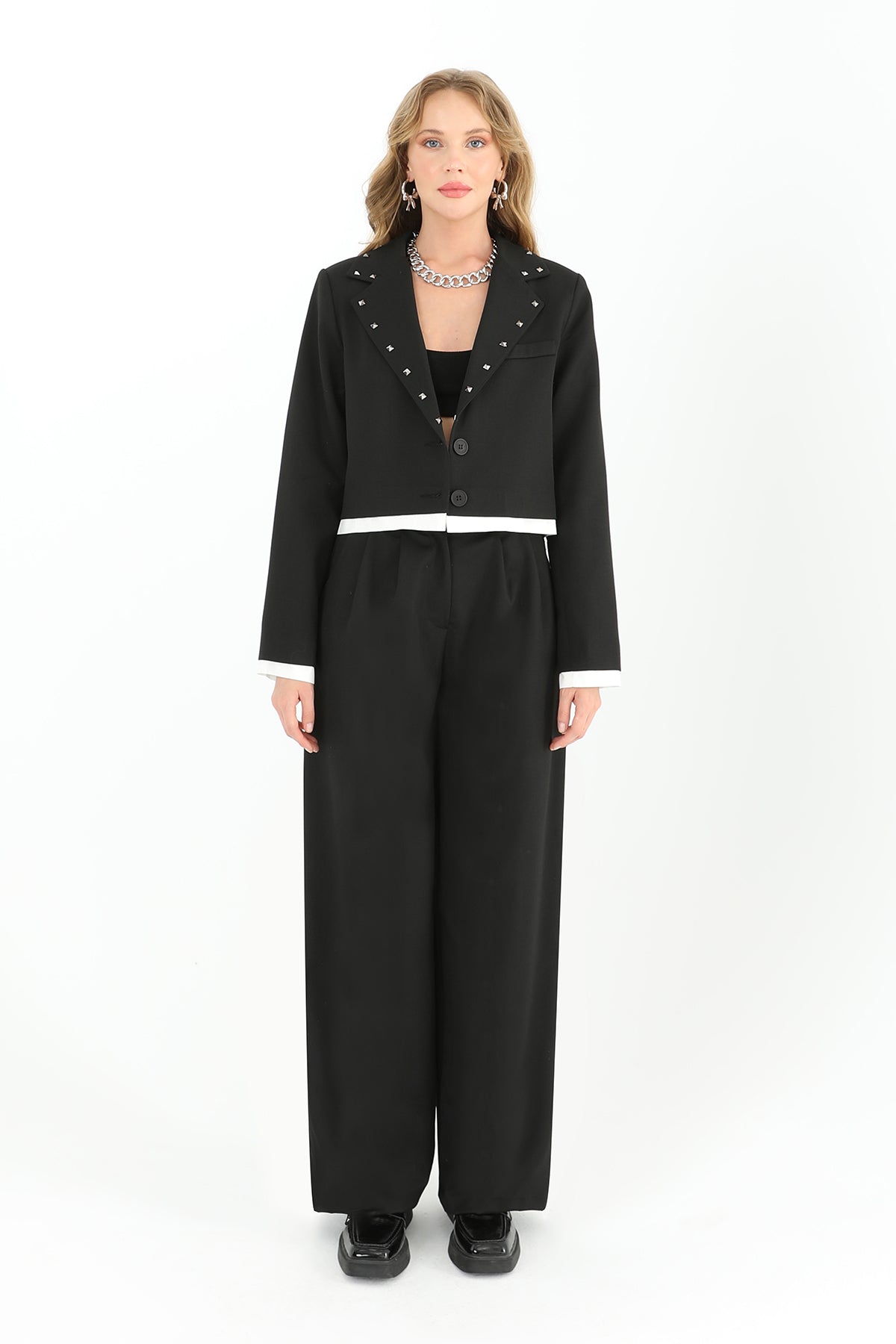 Kadın Beli Taş İşlemeli Pileli Geniş Paça Pantolon - 31962PNT - BLACK