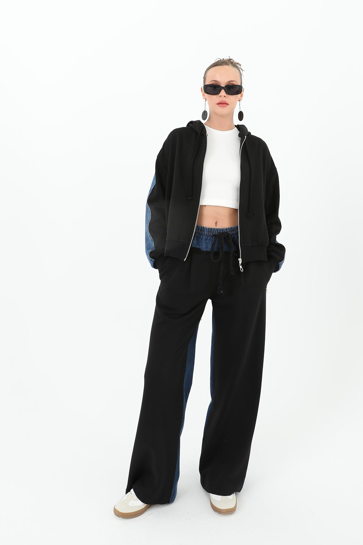 Kadın Arkası Kot Önü Triko Geçişli Geniş Paça Pantolon - 31992PNT - BLACK-BLUE