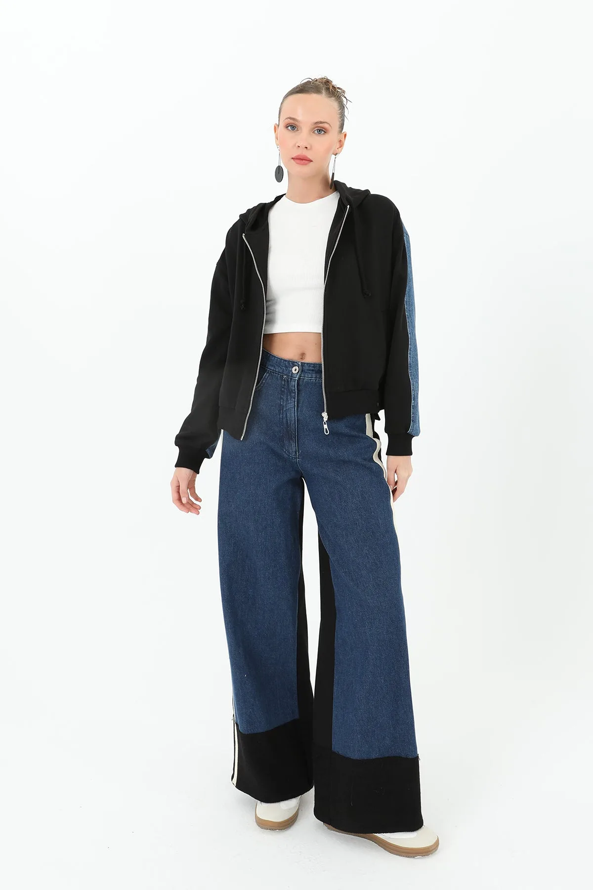Kadın Paça Triko Detaylı Geniş Paça Kot Pantolon - 31994PNT - BLACK-BLUE