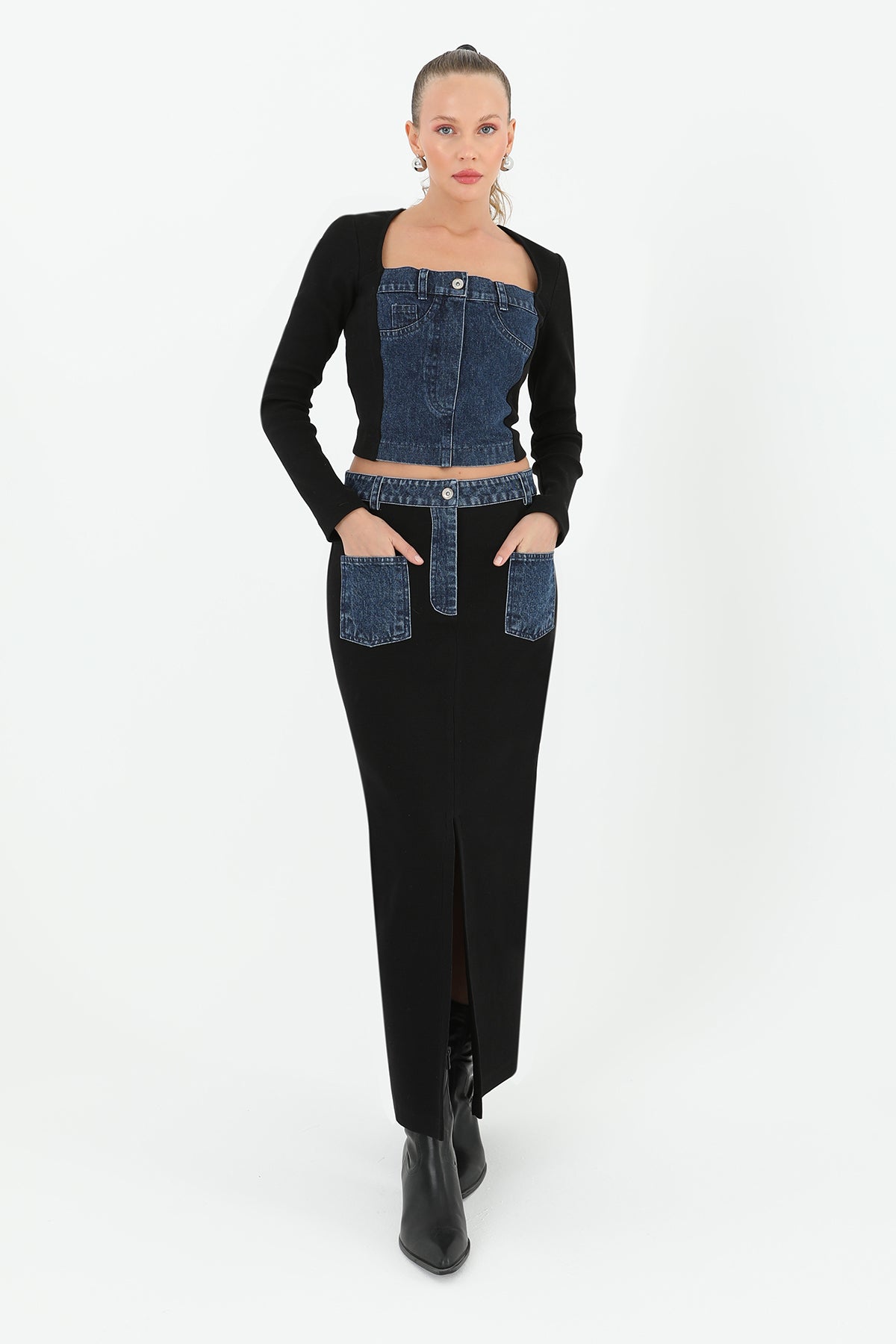 Kadın Ribanalı Denim Cepli Etek - 32028ETK - BLACK