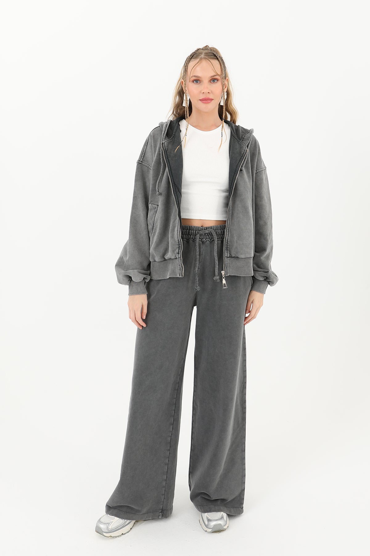 Kadın Beli Lastikli Eskitme Geniş Paça Pantolon- 32066PNT - ANTRACITE