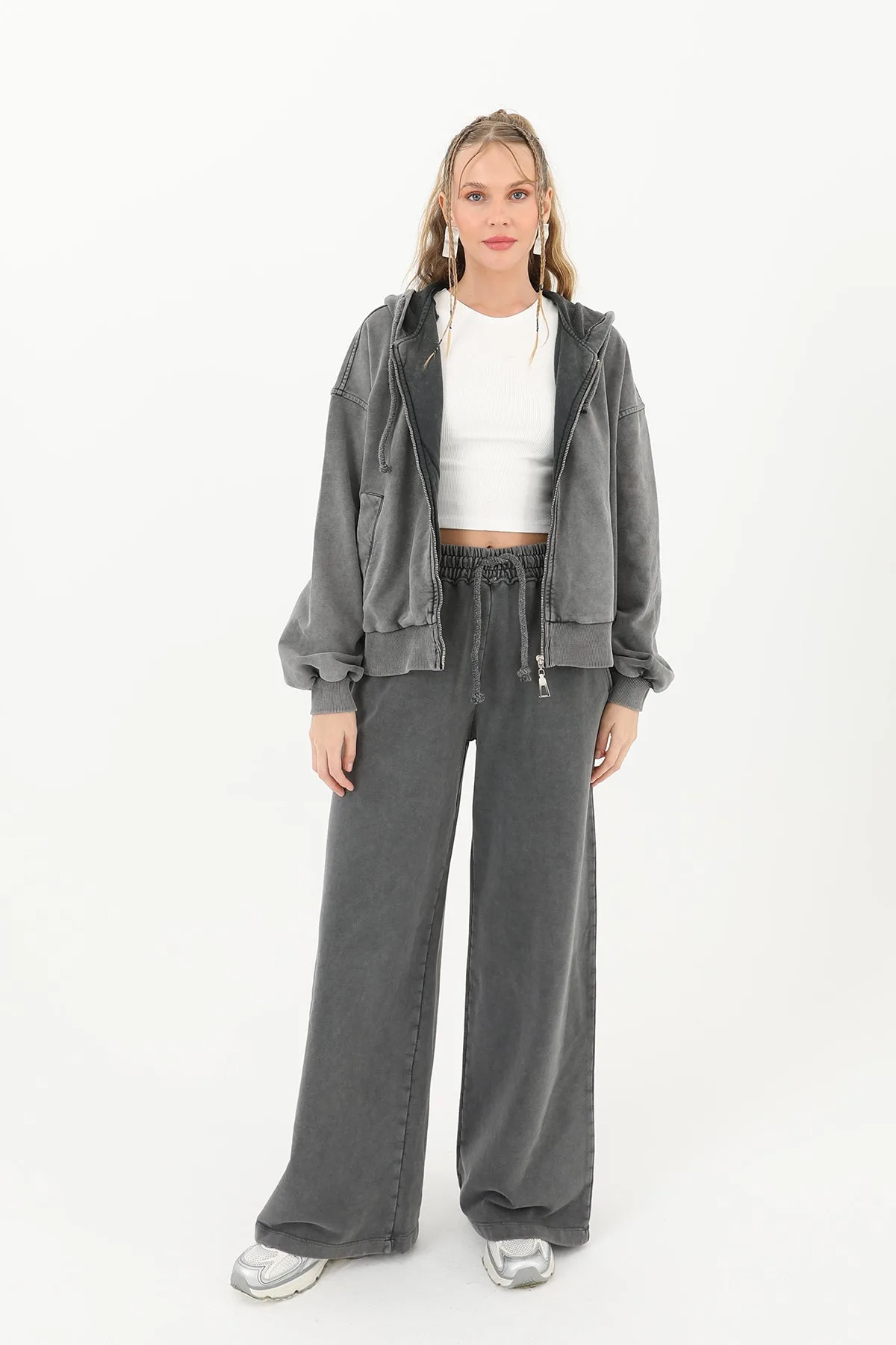 Kadın Beli Lastikli Eskitme Geniş Paça Pantolon- 32066PNT - ANTRACITE
