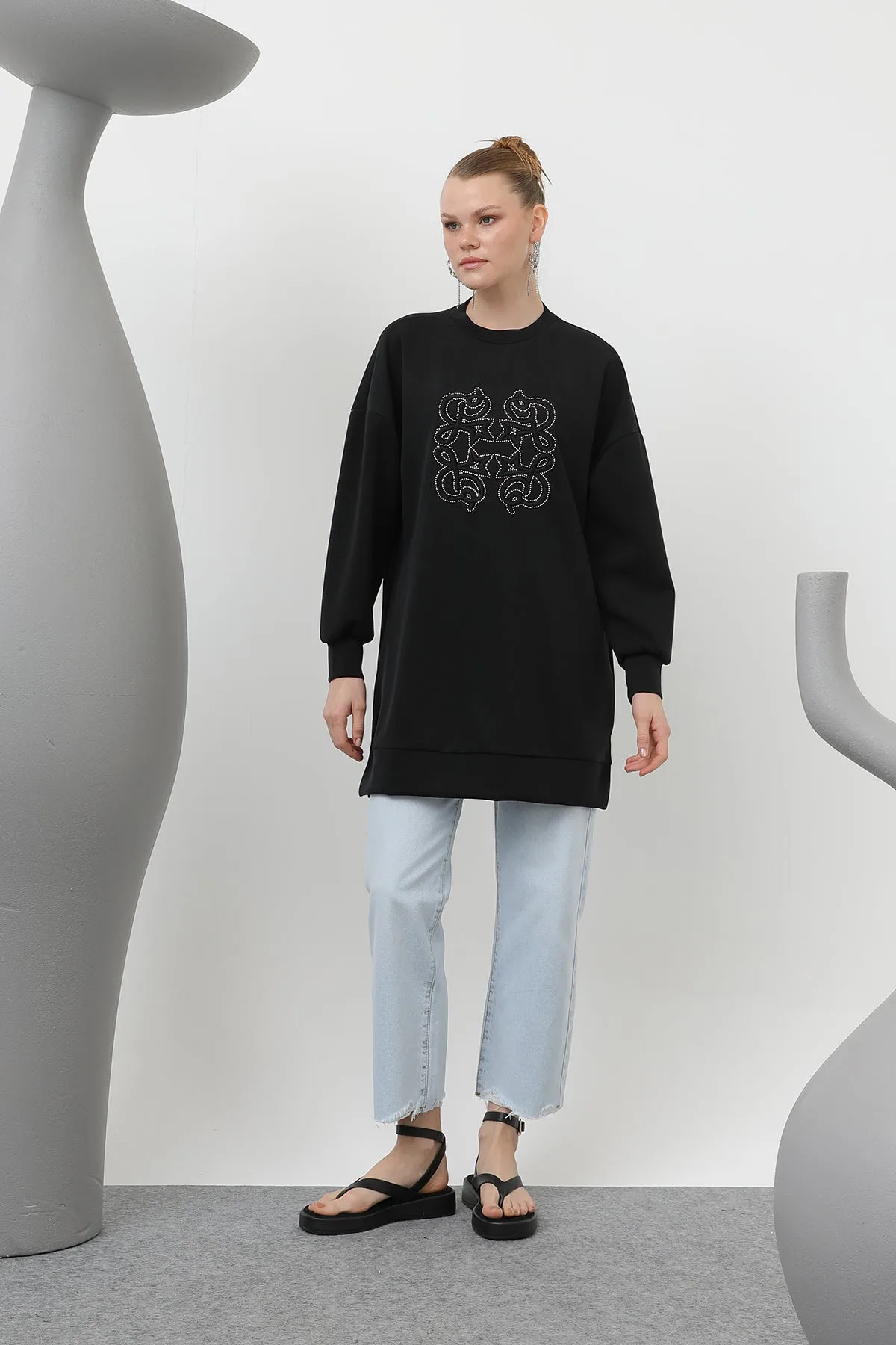 Kadın Önü Yapıştırma Taş Detaylı Tunik - 10612TUN - BLACK – Siyah, LXL-SM