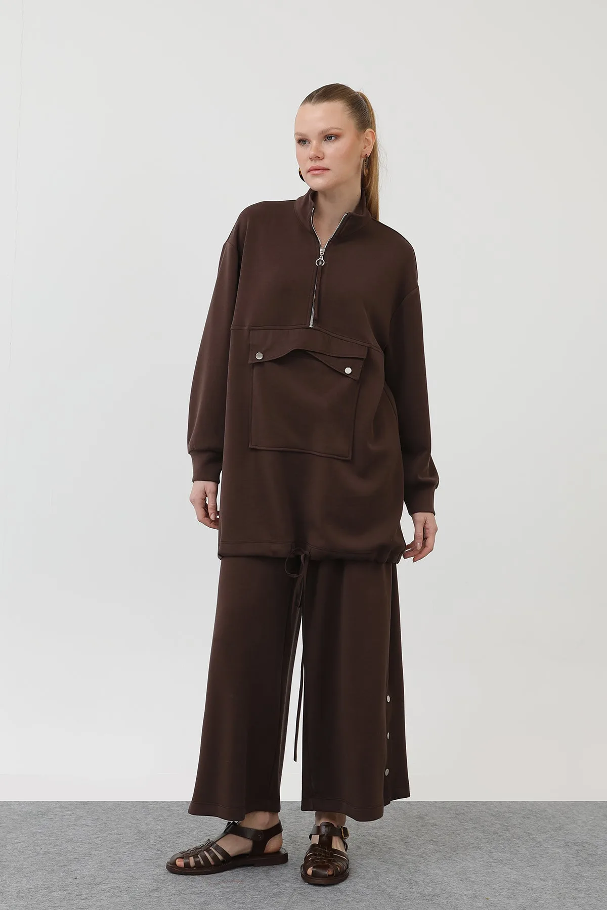 Kadın Cep Detaylı Fermuarlı Takım - 14299TKS - BROWN
