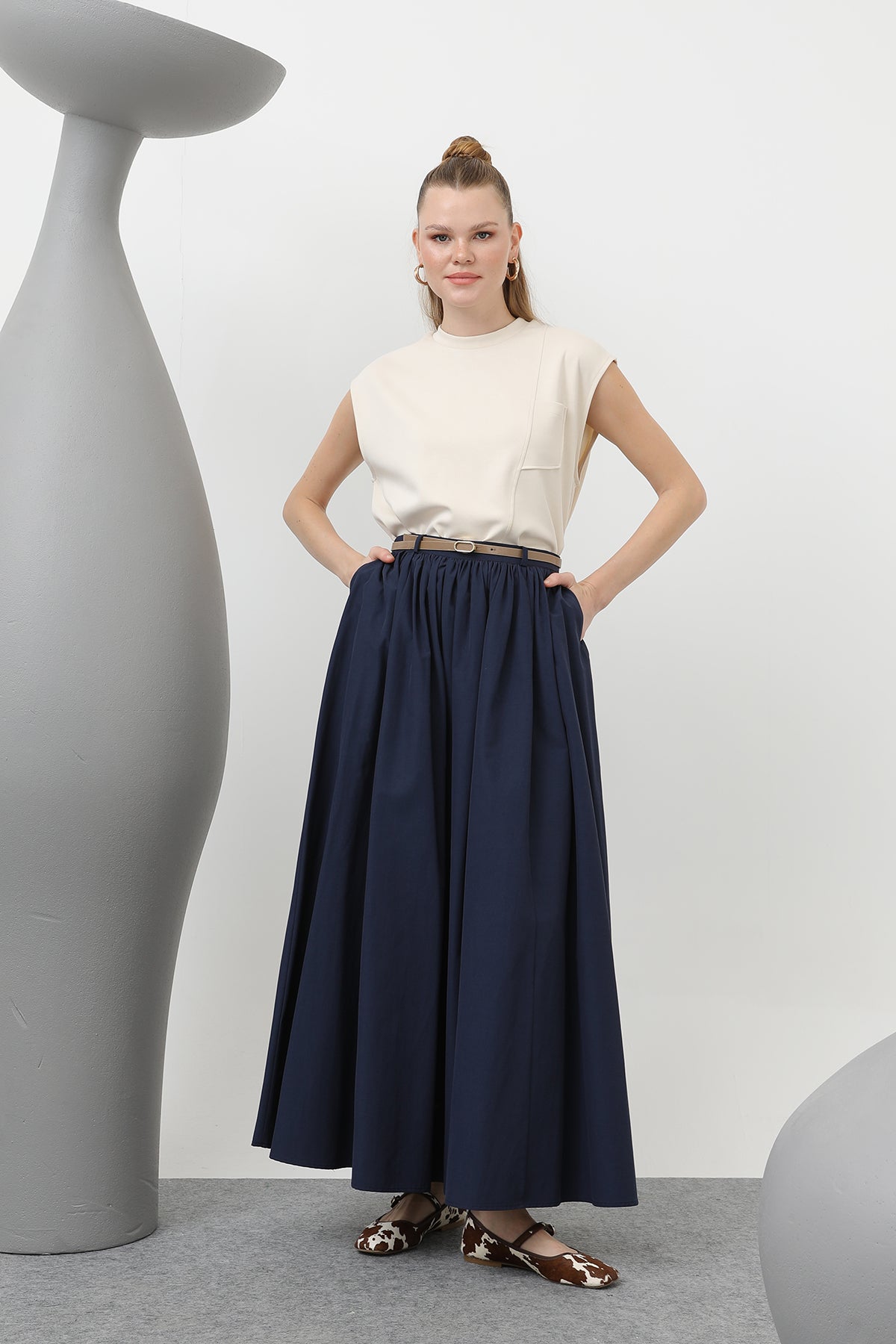 Kadın Kemerli Uzun Etek - 20611ETK - NAVY