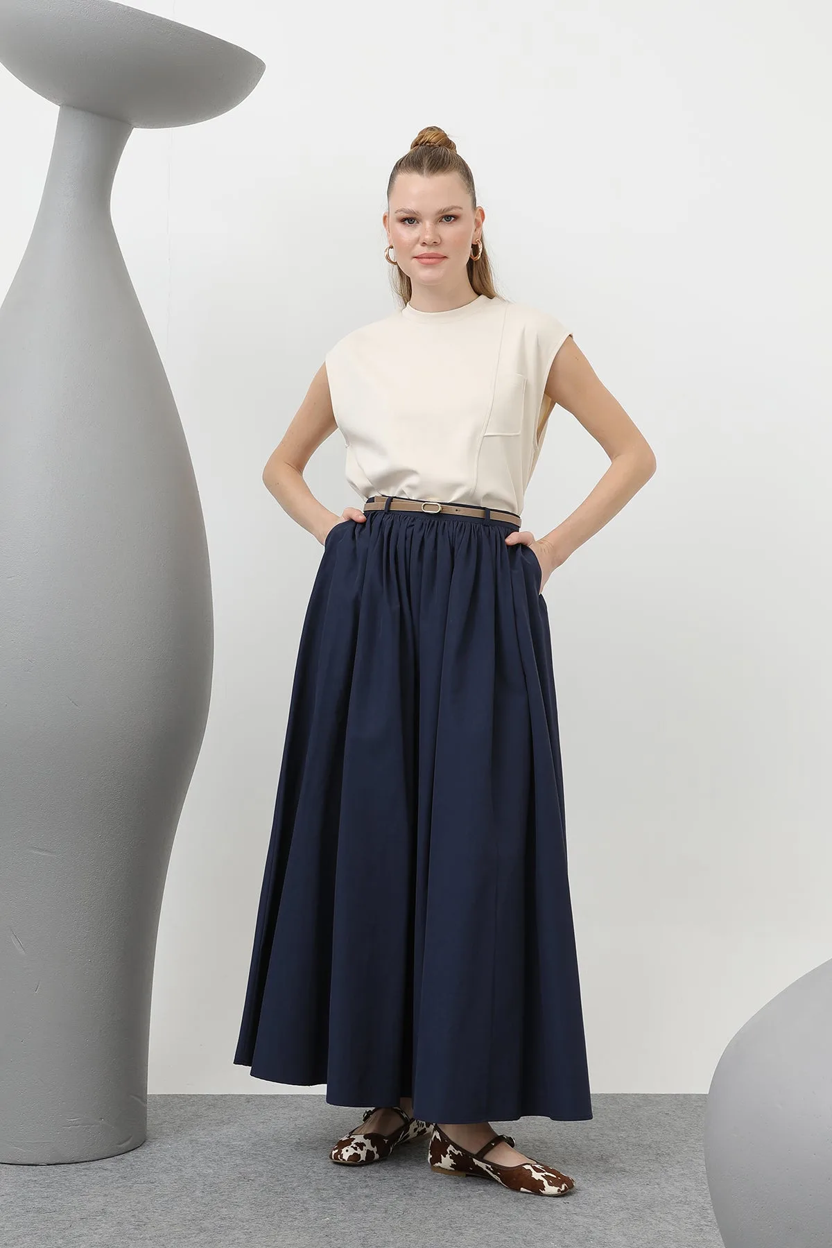 Kadın Kemerli Uzun Etek - 20611ETK - NAVY
