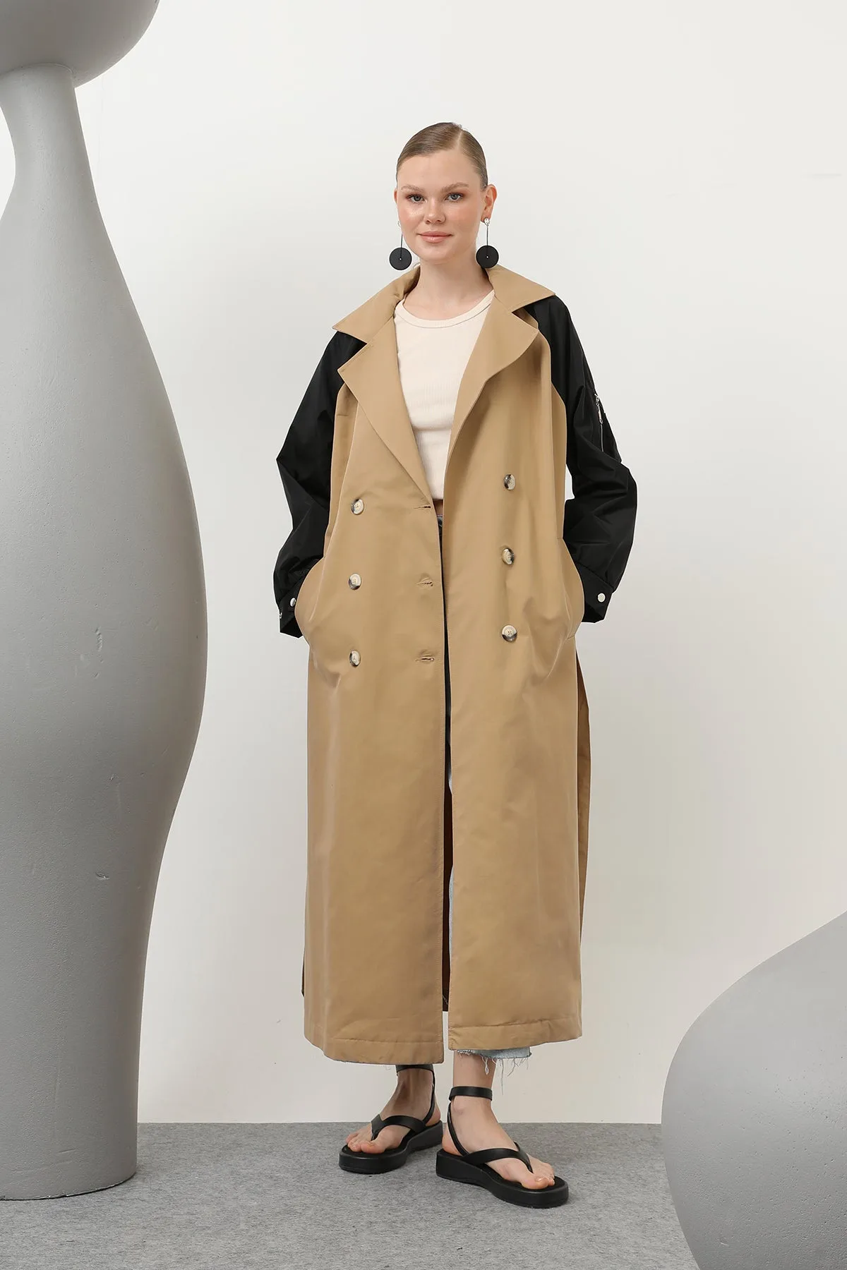 Kadın Kol Fermuar Detaylı Trench - 32138TRC - CAMEL-BLACK
