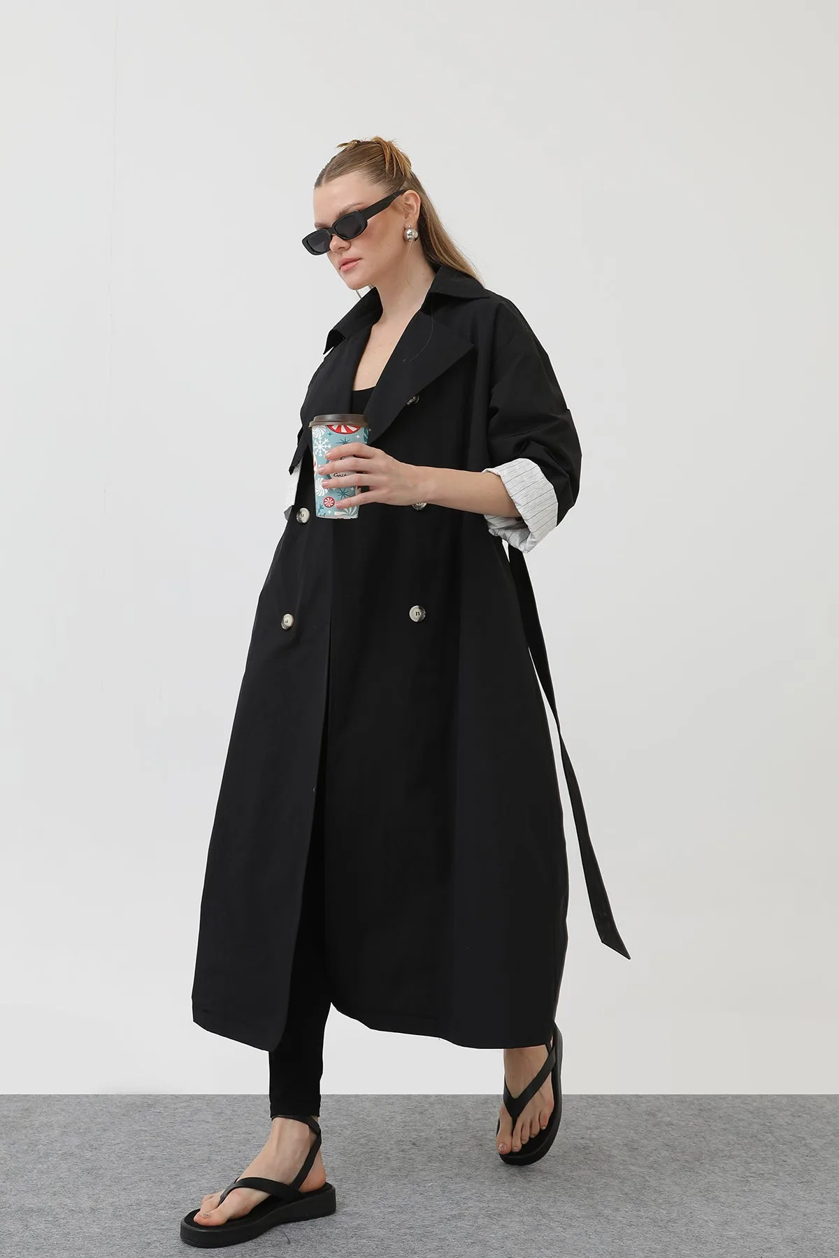 Kadın Garni Çizgili Detaylı Trench - 32141TRC - BLACK-ECRU – Black-ecru, LXL-SM