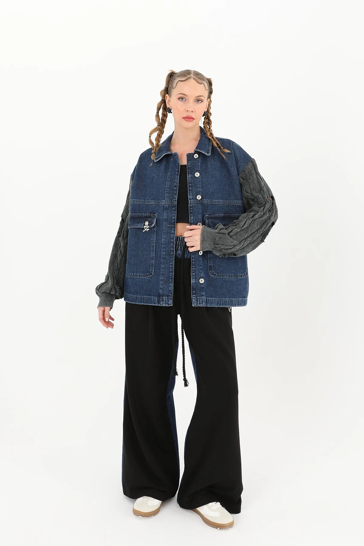 Kadın Triko Kol Detaylı Denim Ceket -32041CKT - ANTHRACITE-BLUE – Anthracite-blue, S-L