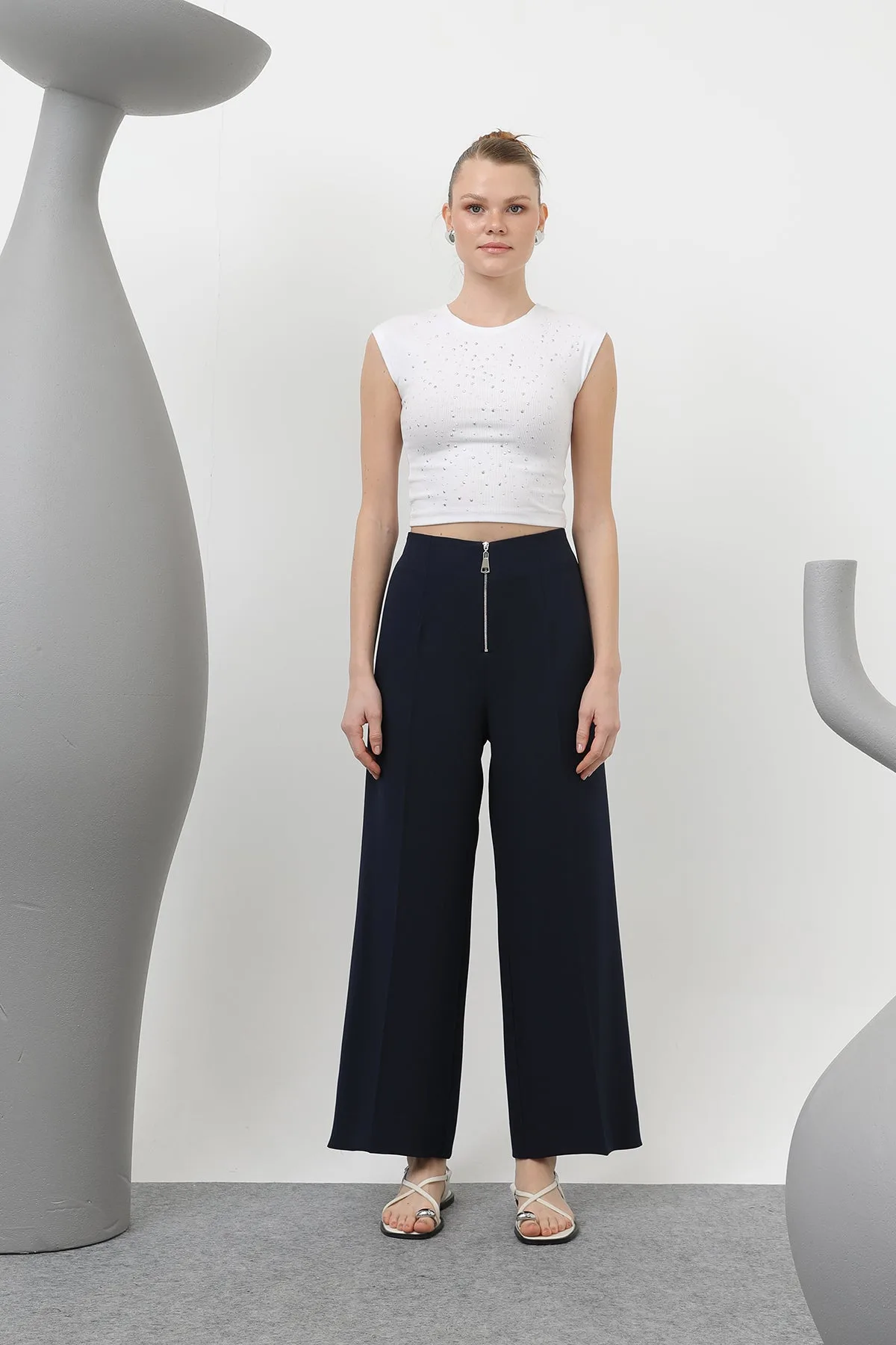 Kadın Fermuar Detaylı Pensli Pantolon- 18228PNT - NAVY – Lacivert, 140-146