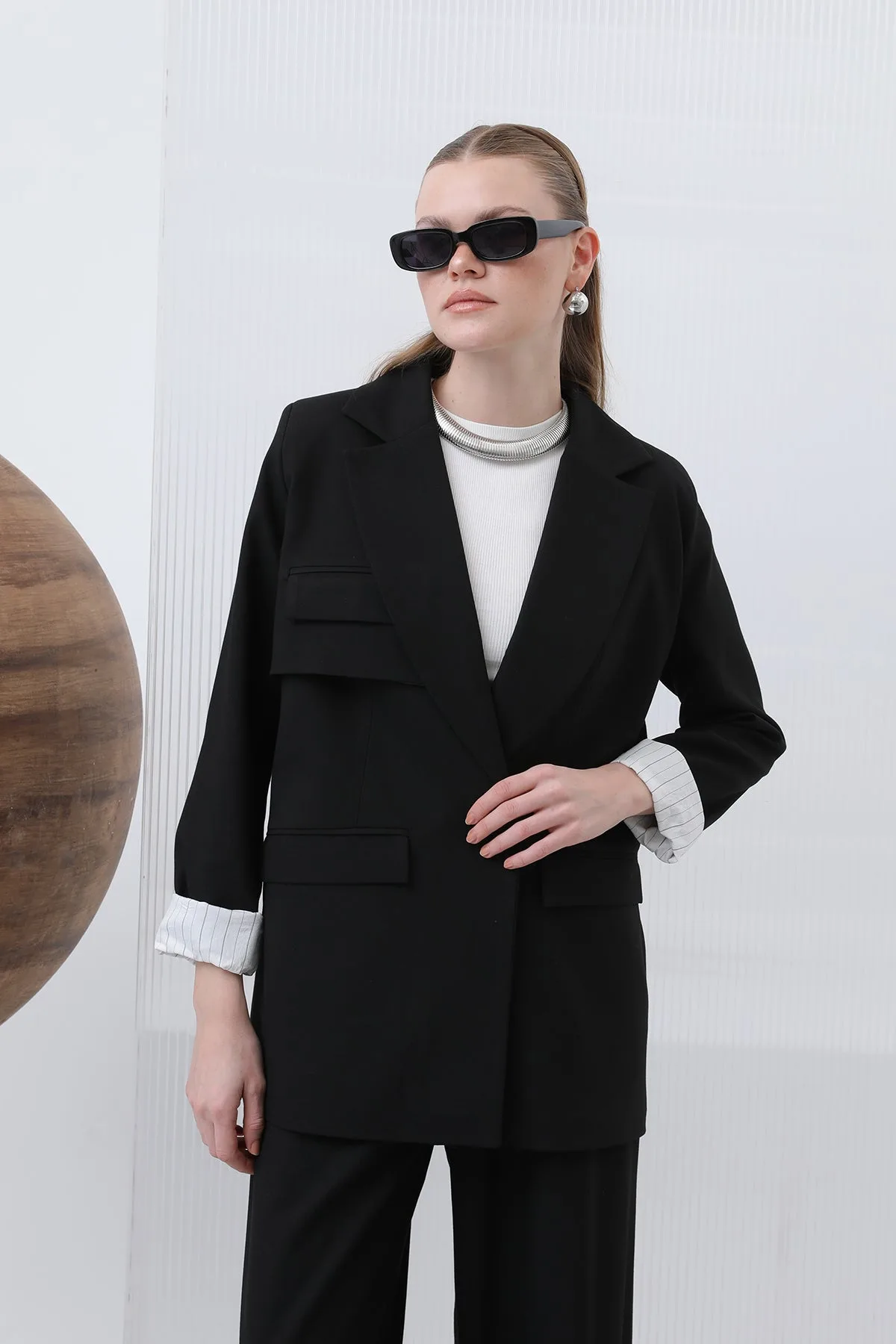 Kadın Cepli Çizgi Garnili Blazer Ceket - 32190CKT - BLACK-ECRU – Black-ecru, S-L