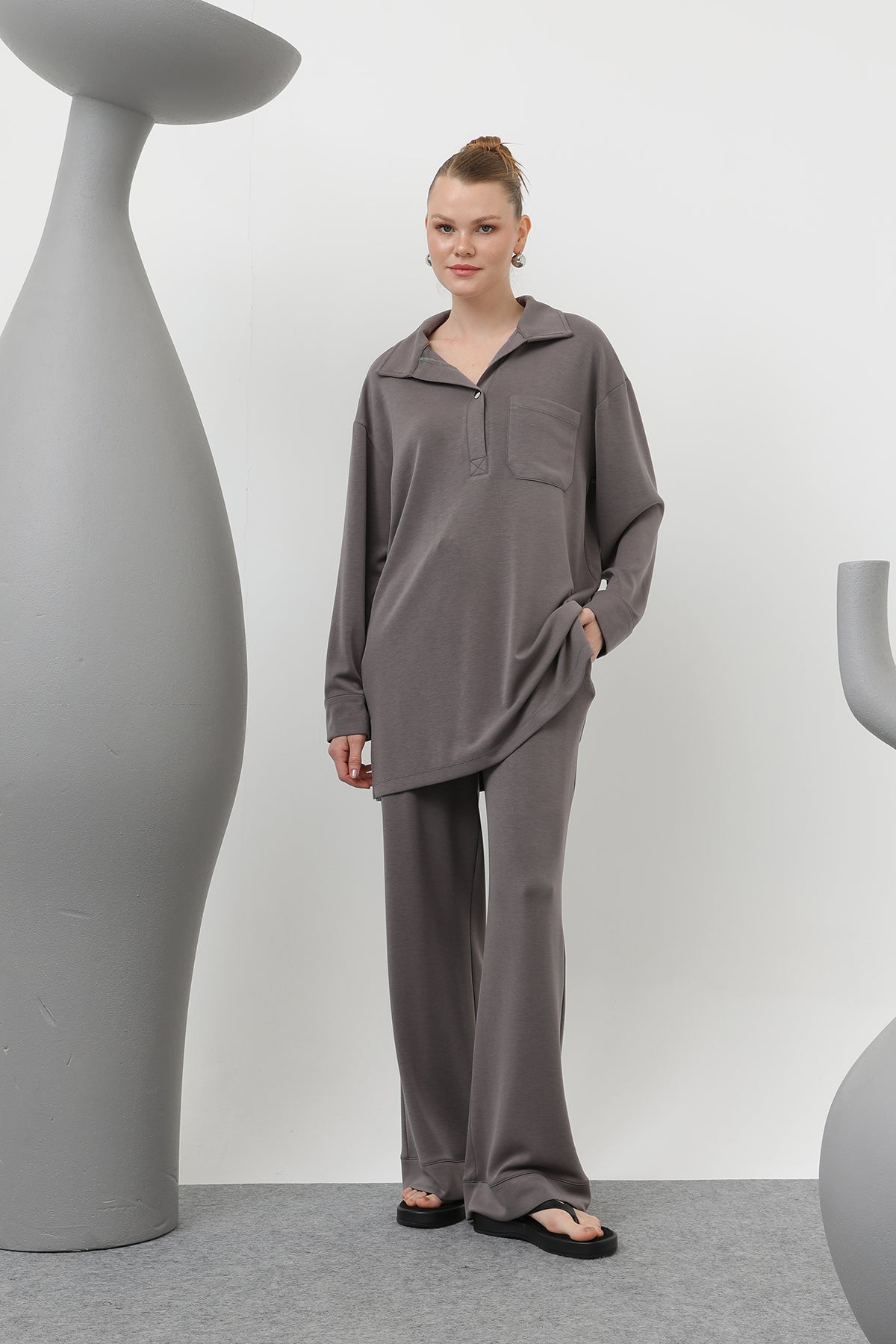 Kadın Yakası Çıtçıtlı Cep Detaylı Pantolonlu Takım - 20605TKS - ANTRACITE – Antracite, S-XL
