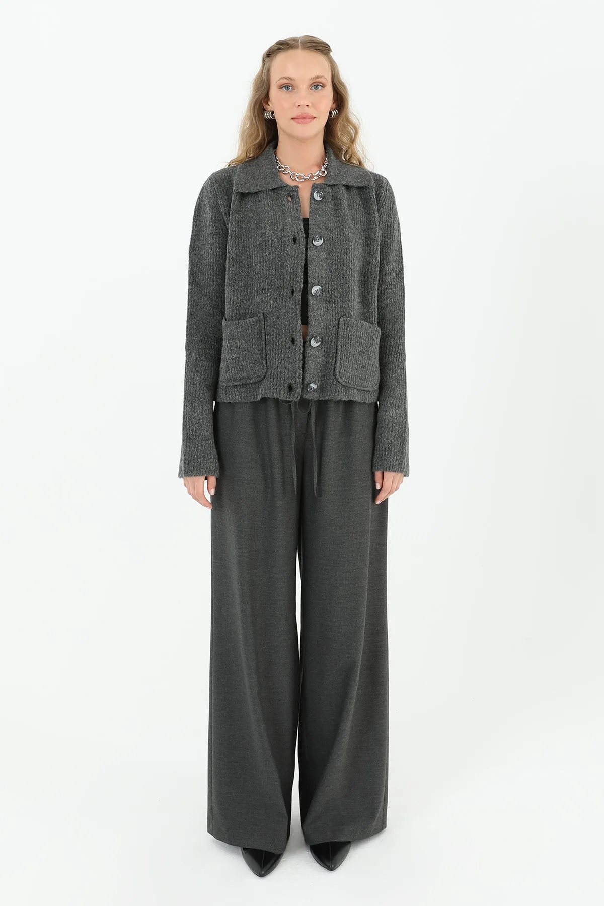 Triko Düğmeli Bluz - 32012BLZ - ANTRACITE – Antracite, LXL-SM