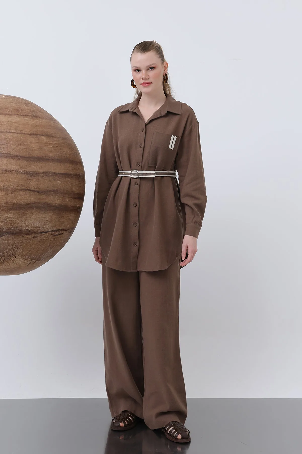 Kadın Beli Büzgülü Ve Cep Detaylı Gömlek Ve Pantolonlu Takım - 14313TKS - BROWN – Kahve, S-XL