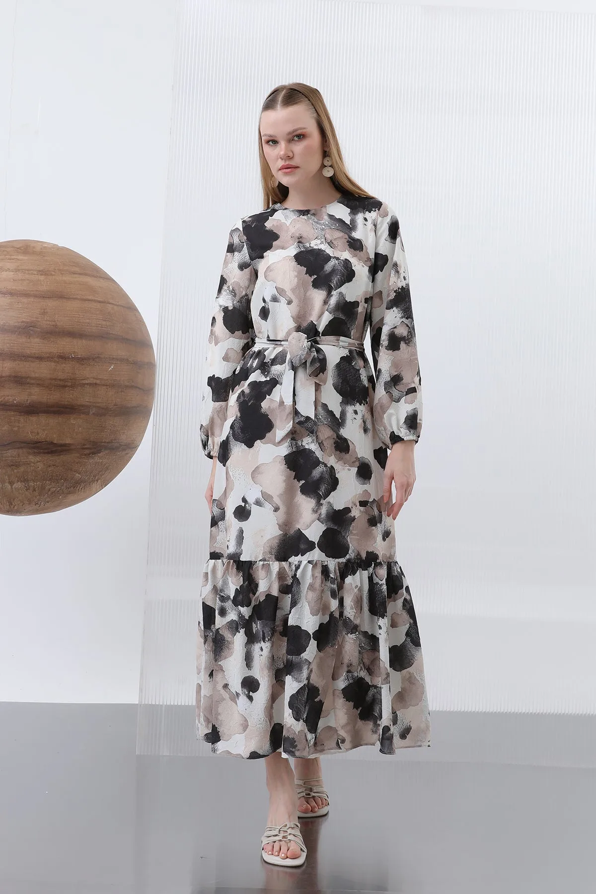 Kadın Kuşak Detaylı Desenli Elbise - 12602ELB - BLACK – Siyah, S-XL