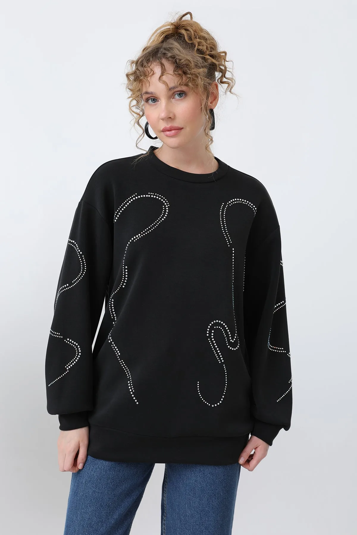 Kadın Taşlı Basic Sweat -32117SWT - BLACK – Siyah, LXL-SM