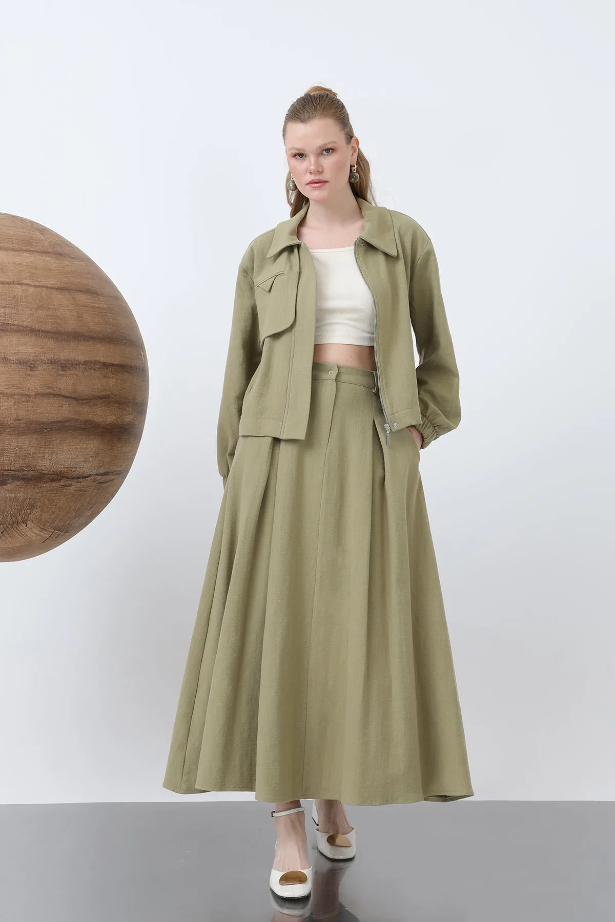 Kadın Gizli Patlı Fermuarlı Etekli Takım - 14315TKS - LIGHT KHAKI – Light Khaki, S-L