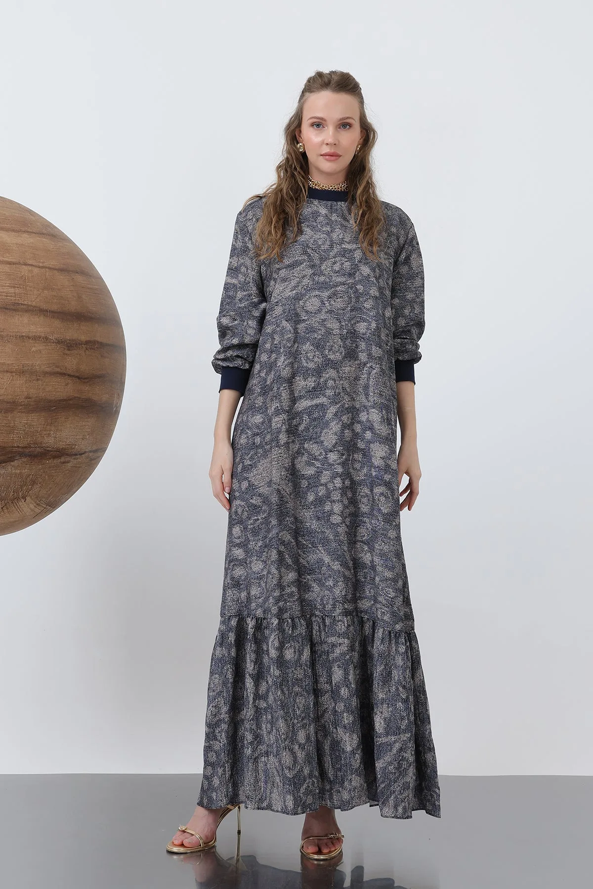 Kadın Yakası Ribanalı Desenli Elbise - 12604ELB - NAVY – Lacivert, S-XL