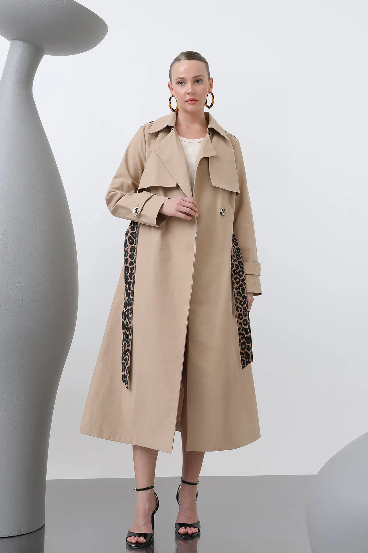 Kadın Leopar Garnili Trench - 32113TRC - CAMEL – Camel, S-XL