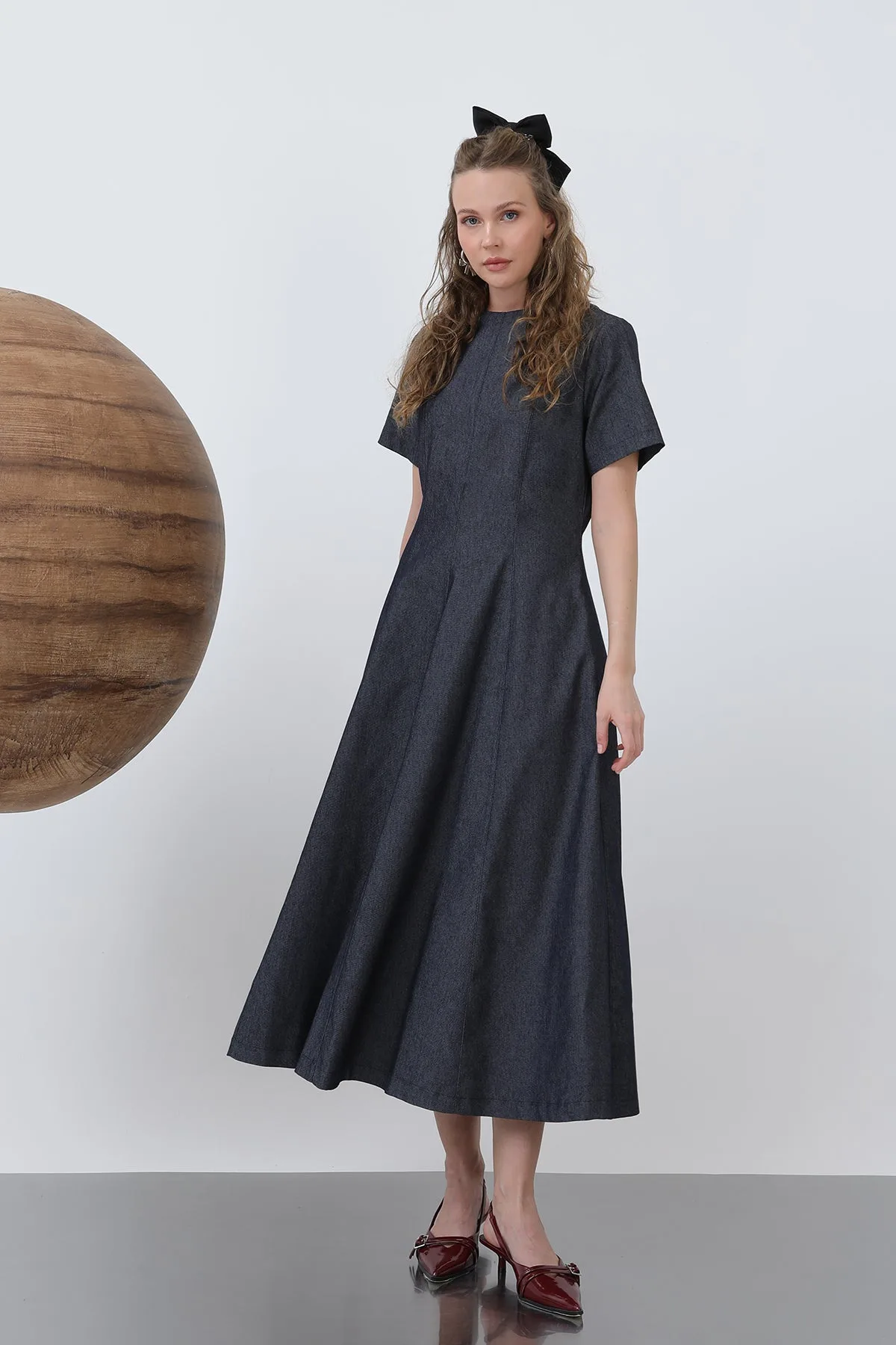 Kadın Denim Açılımlı Midi Elbise - 32308ELB - NAVY – Lacivert, S-XL