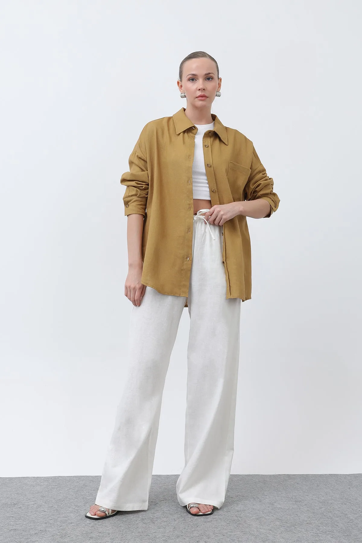 Kadın Basic Keten Gömlek - 32307GML - OLIVE – Zeytin, LXL-SM