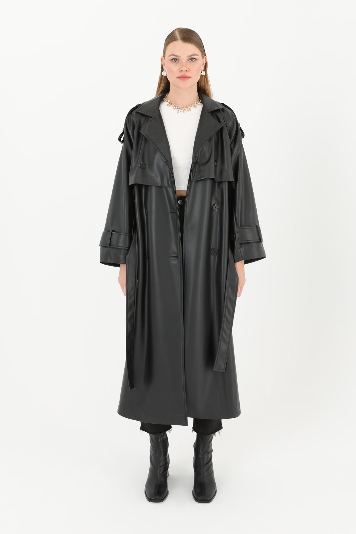 Kadın Deri Uzun Trench - 32017TRC - BLACK