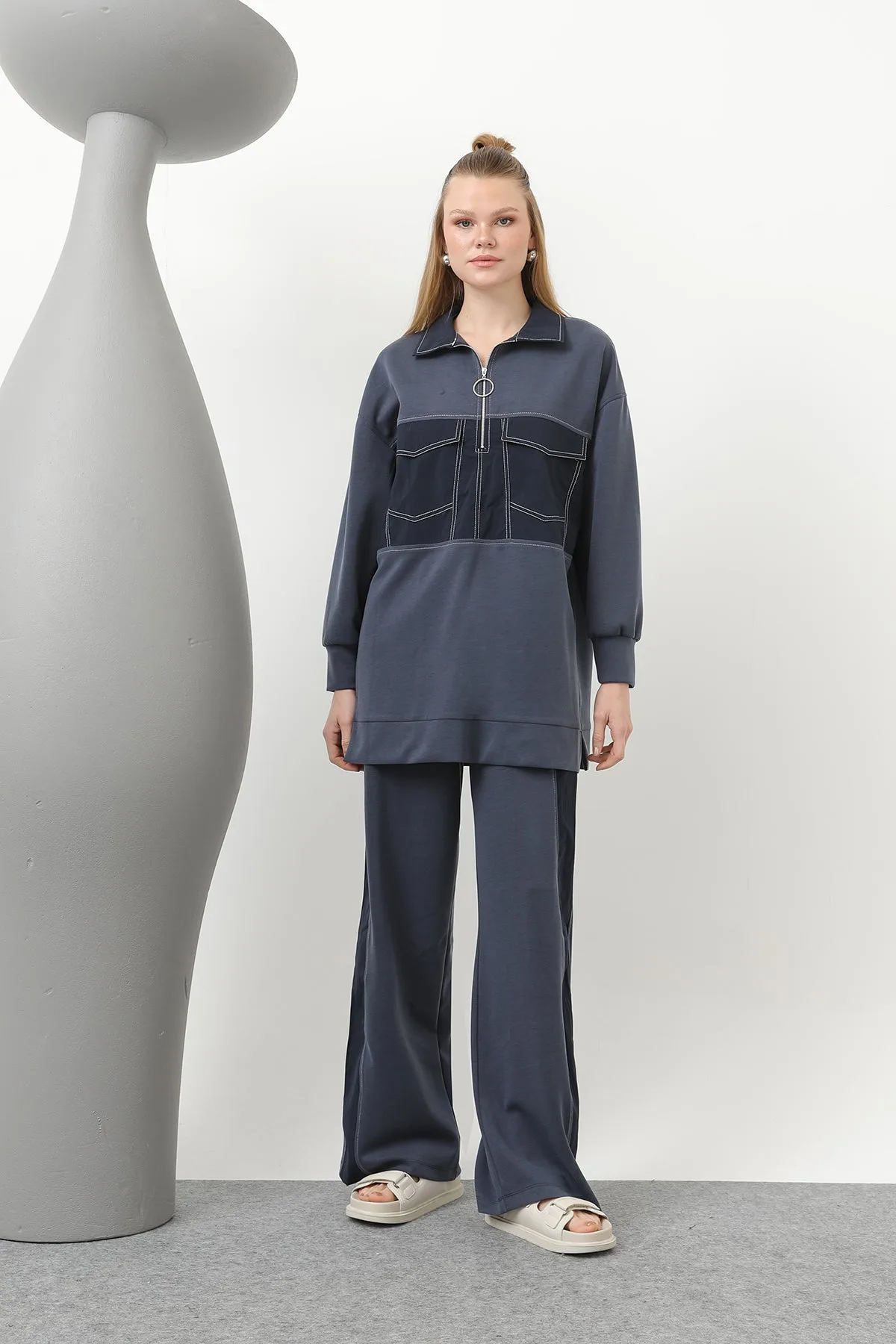 Kadın Dikiş Detaylı Cepli Takım - 20602TKS - INDIGO-NAVY – İndigo-navy, S-L