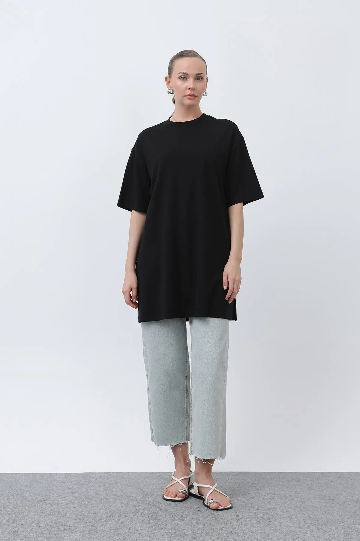 Kadın Uzun Bol Kesim Tshirt - 40009TSH - BLACK – Siyah, LXL-SM