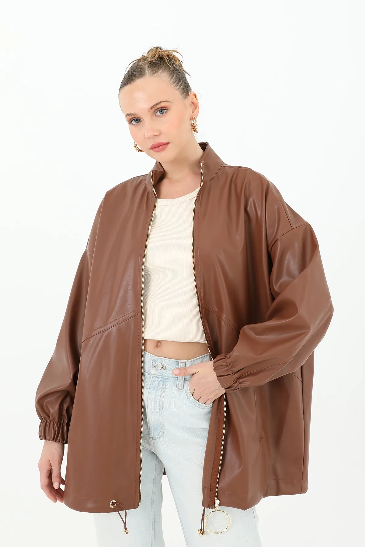 Deri Önden Fermuarlı Mont - 15120MNT - BROWN – Kahve, LXL-SM