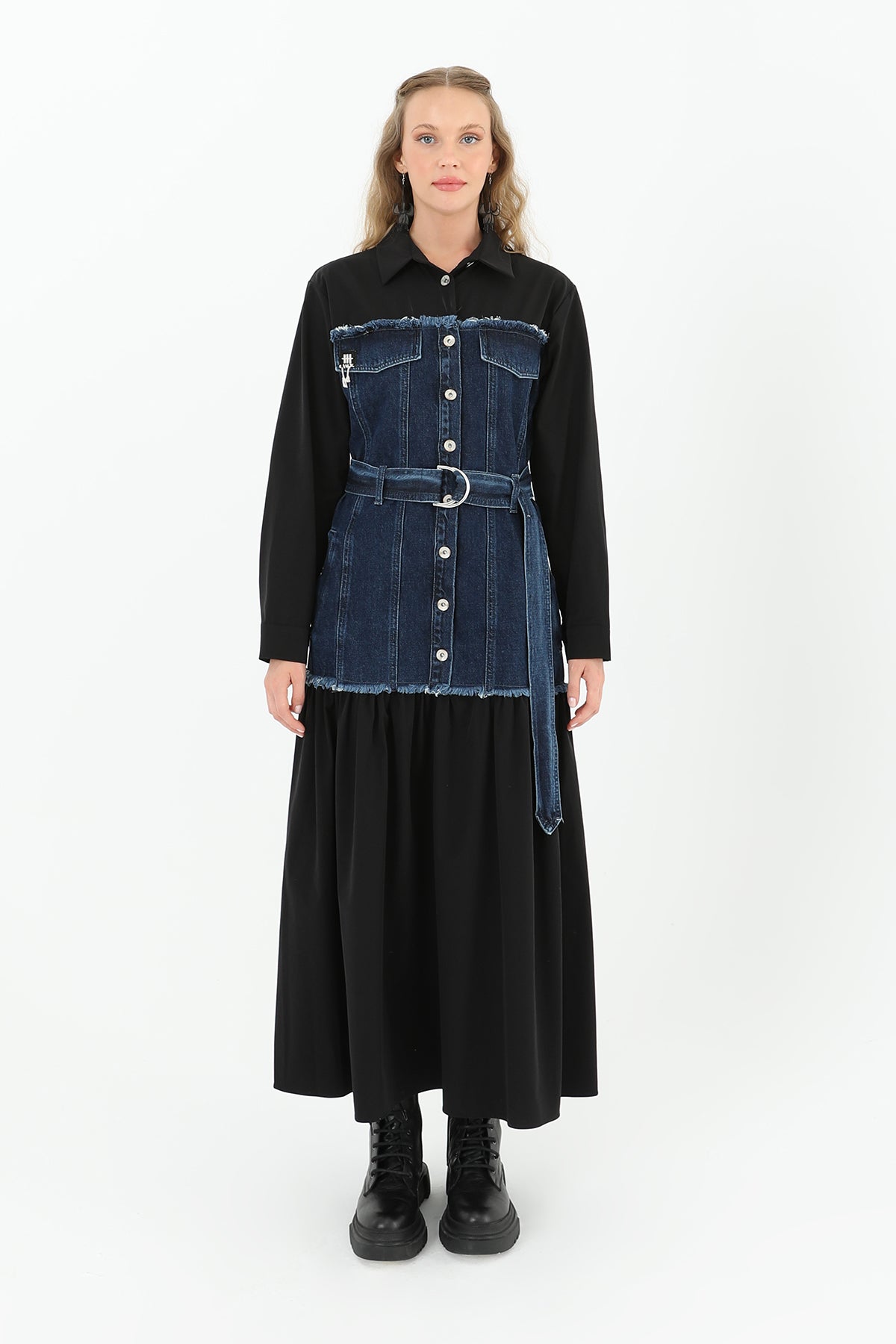 Denim Detaylı Kemerli Uzun Elbise - 32008ELB - BLACK-BLUE