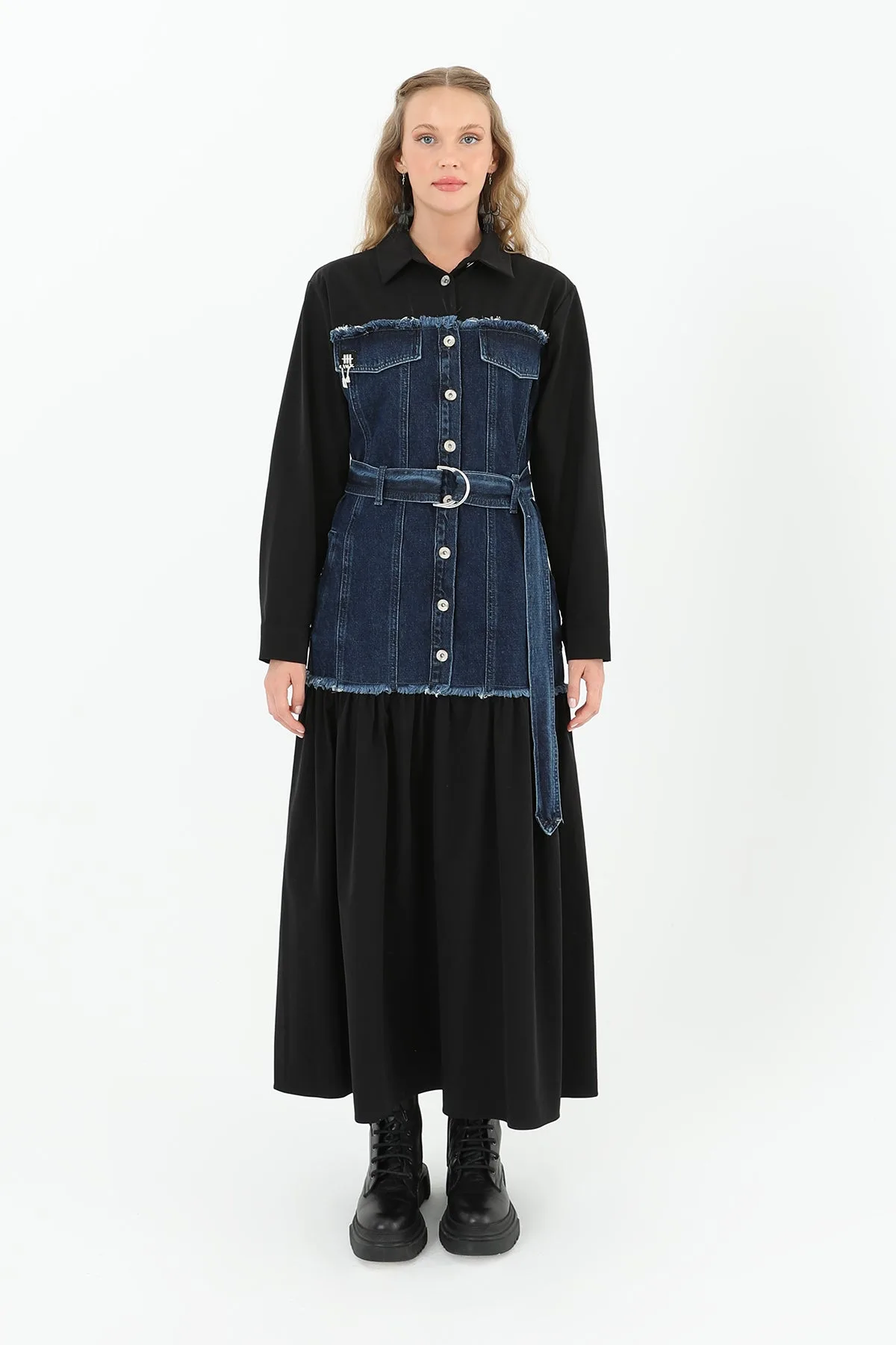 Denim Detaylı Kemerli Uzun Elbise - 32008ELB - BLACK-BLUE