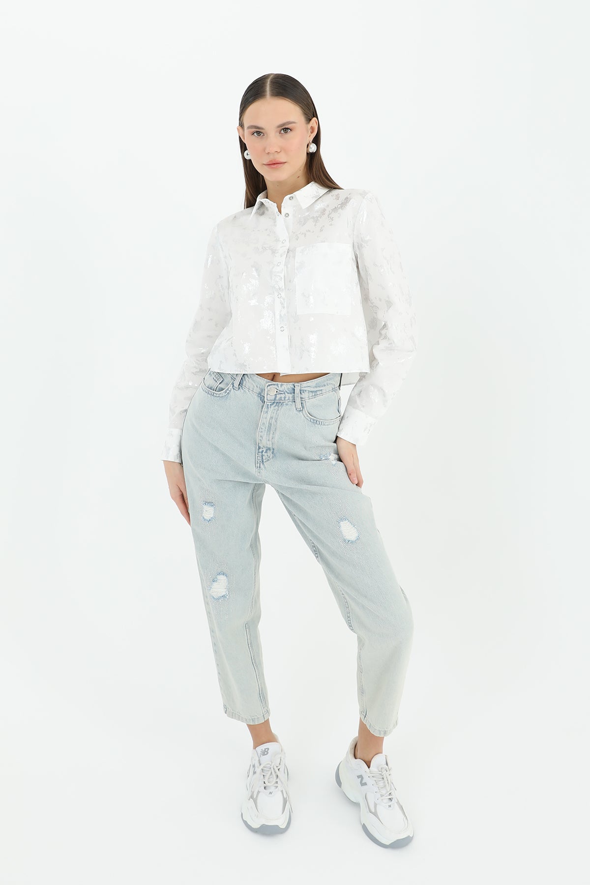Kadın Crop Uzun Kollu Varak Desenli Gömlek -24S-31769GML - ECRU