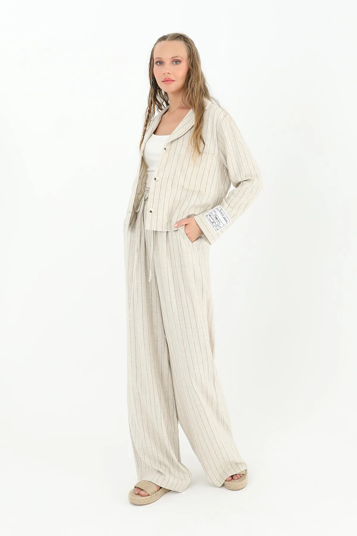 Kadın Çizgili Kısa Cepli Gömlek -24S-31817GML - BEIGE