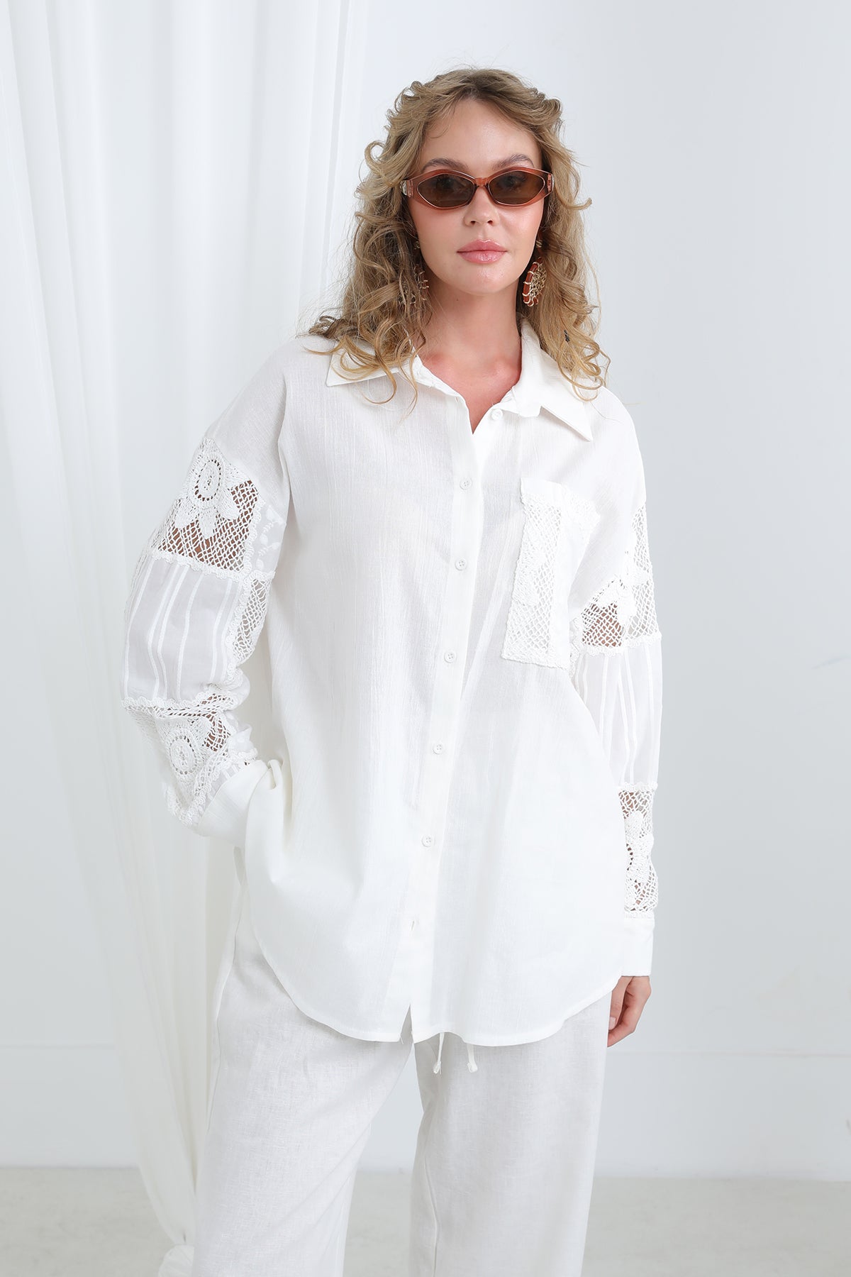 Dantel Detaylı Oversize Gömlek-32324GML - ECRU – Ekru, LXL-SM