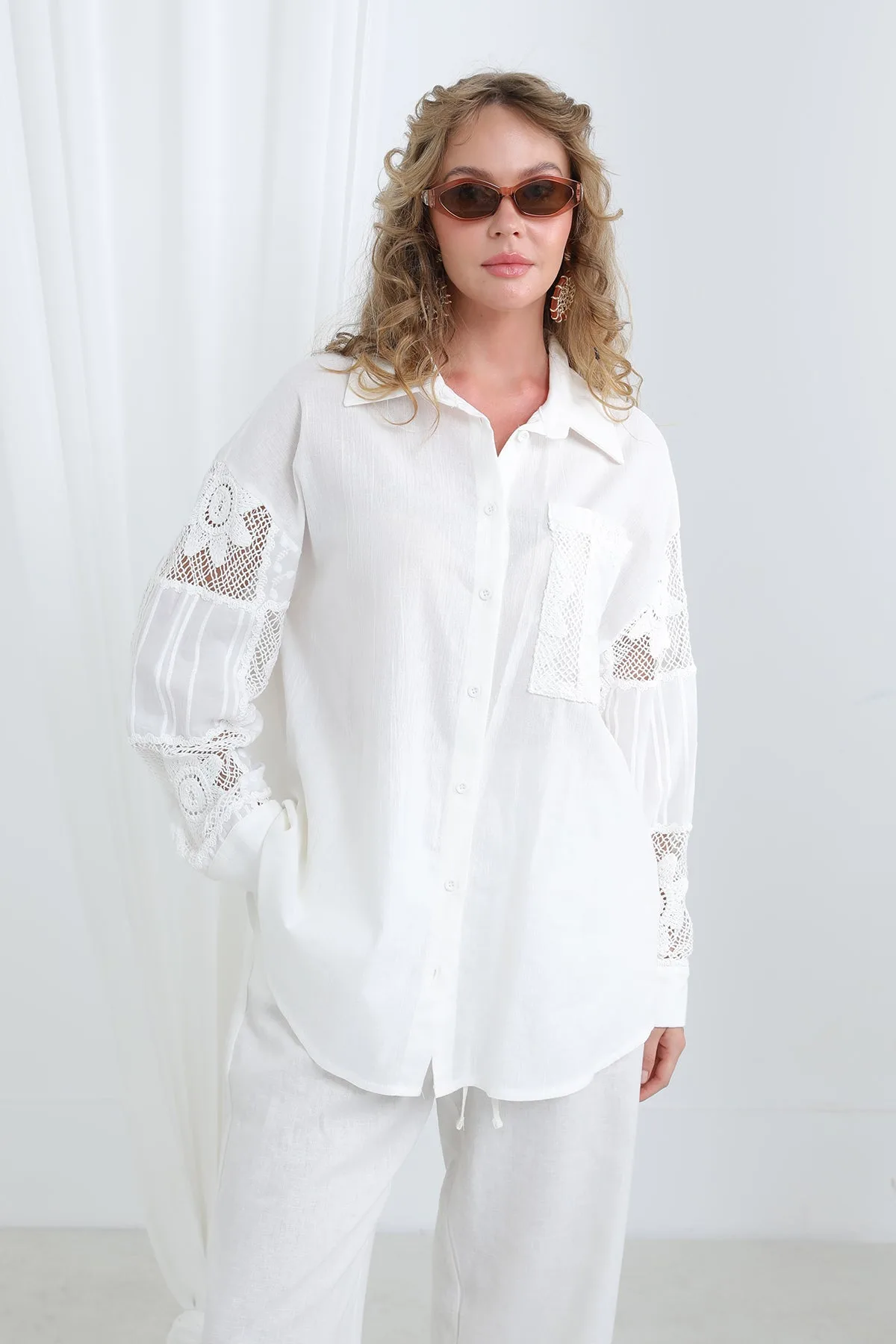 Dantel Detaylı Oversize Gömlek-32324GML - ECRU – Ekru, LXL-SM